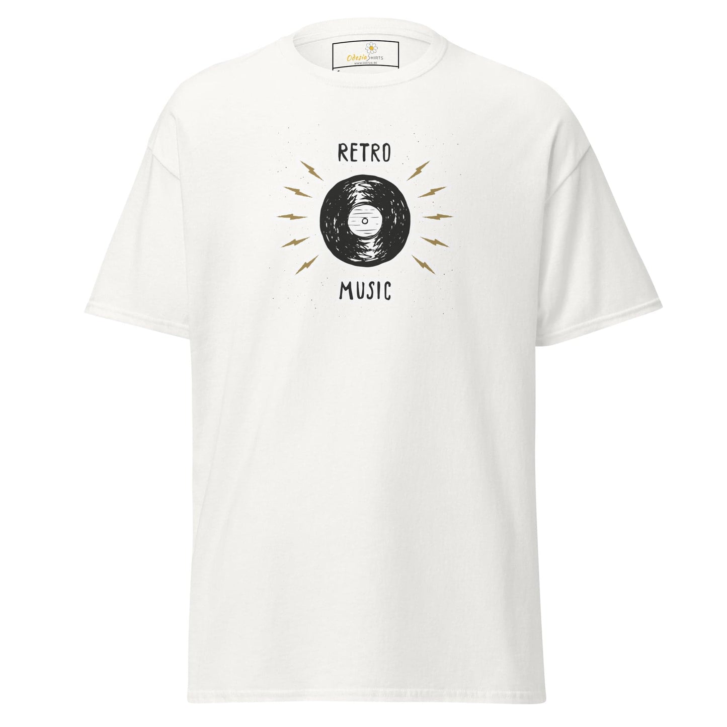 White T-shirt with retro music graphic for men and women in sizes S to XL