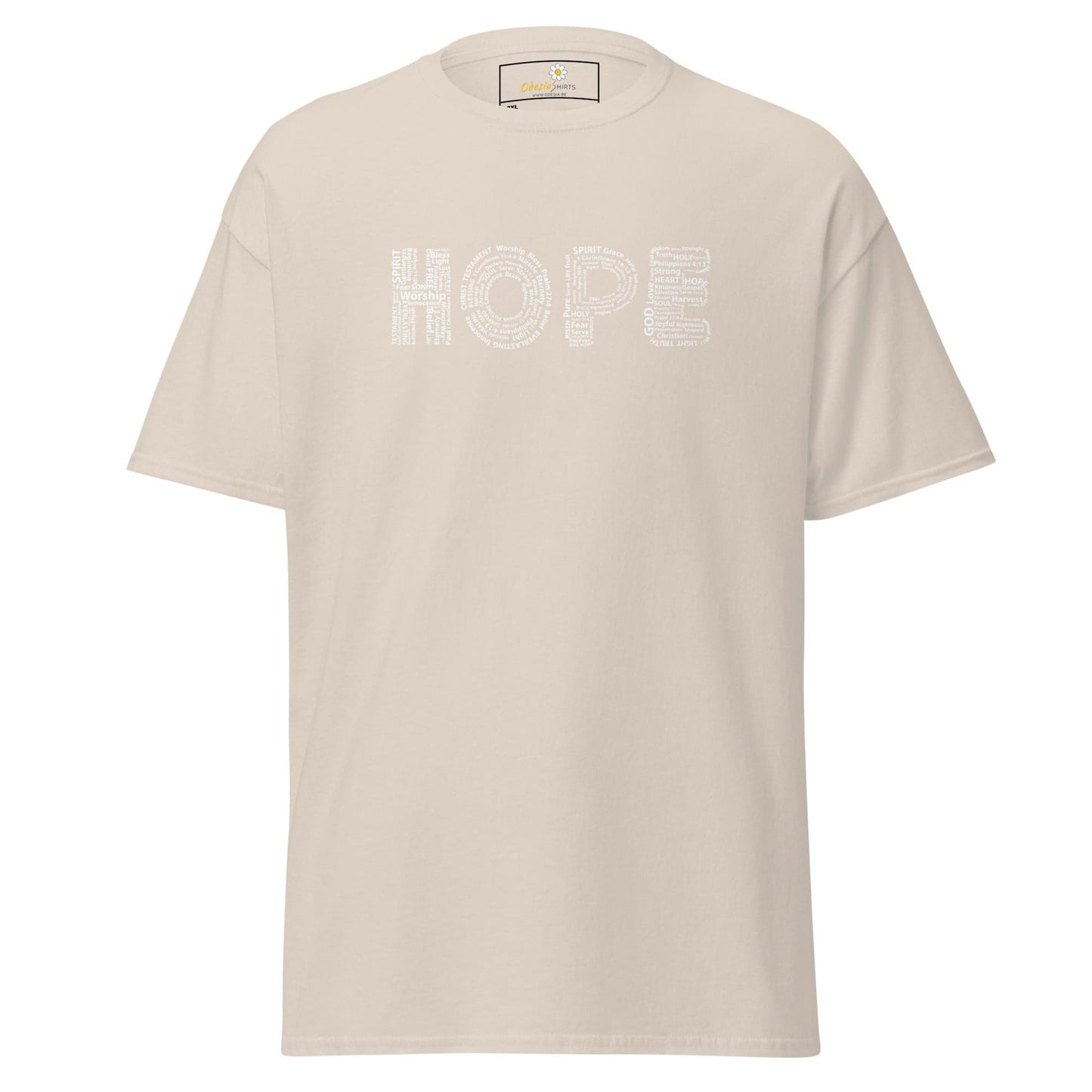 Beige t-shirt with ’HOPE’ text.