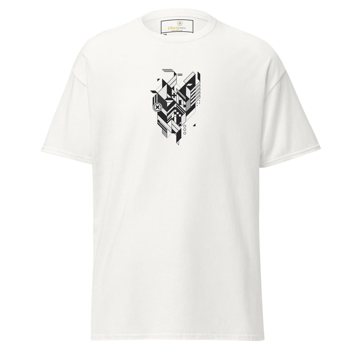 White t-shirt with geometric design.