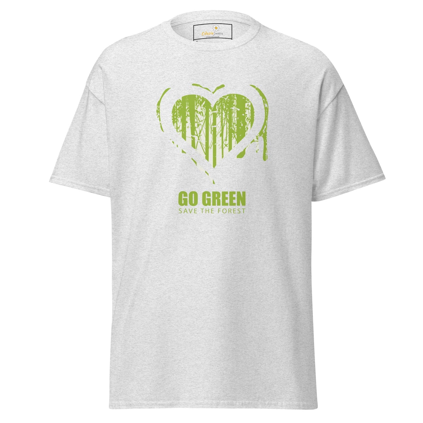 White T-shirt with green heart and forest design for men and women in sizes S to XL