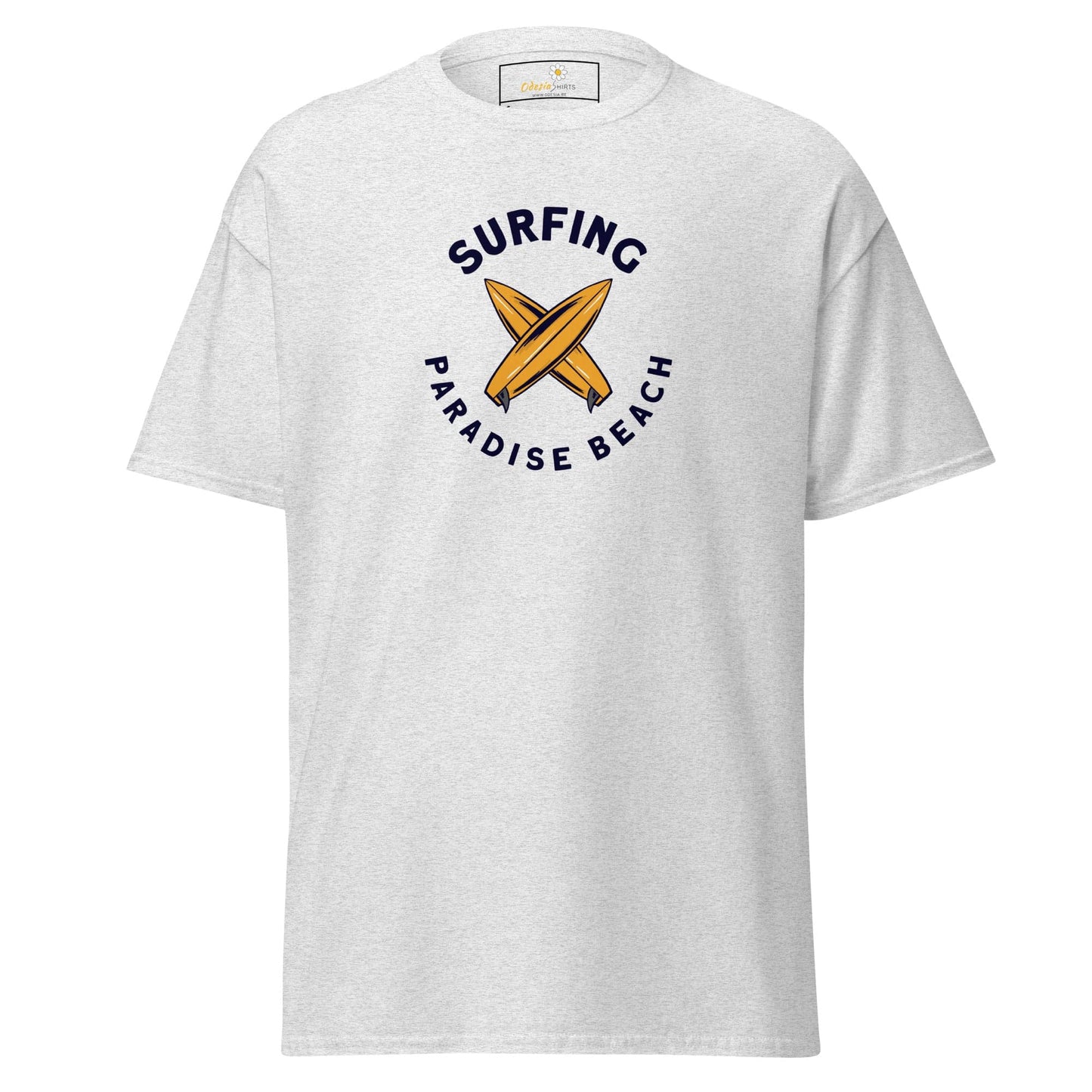 White T-shirt featuring surfing graphic for men and women in S to XL sizes