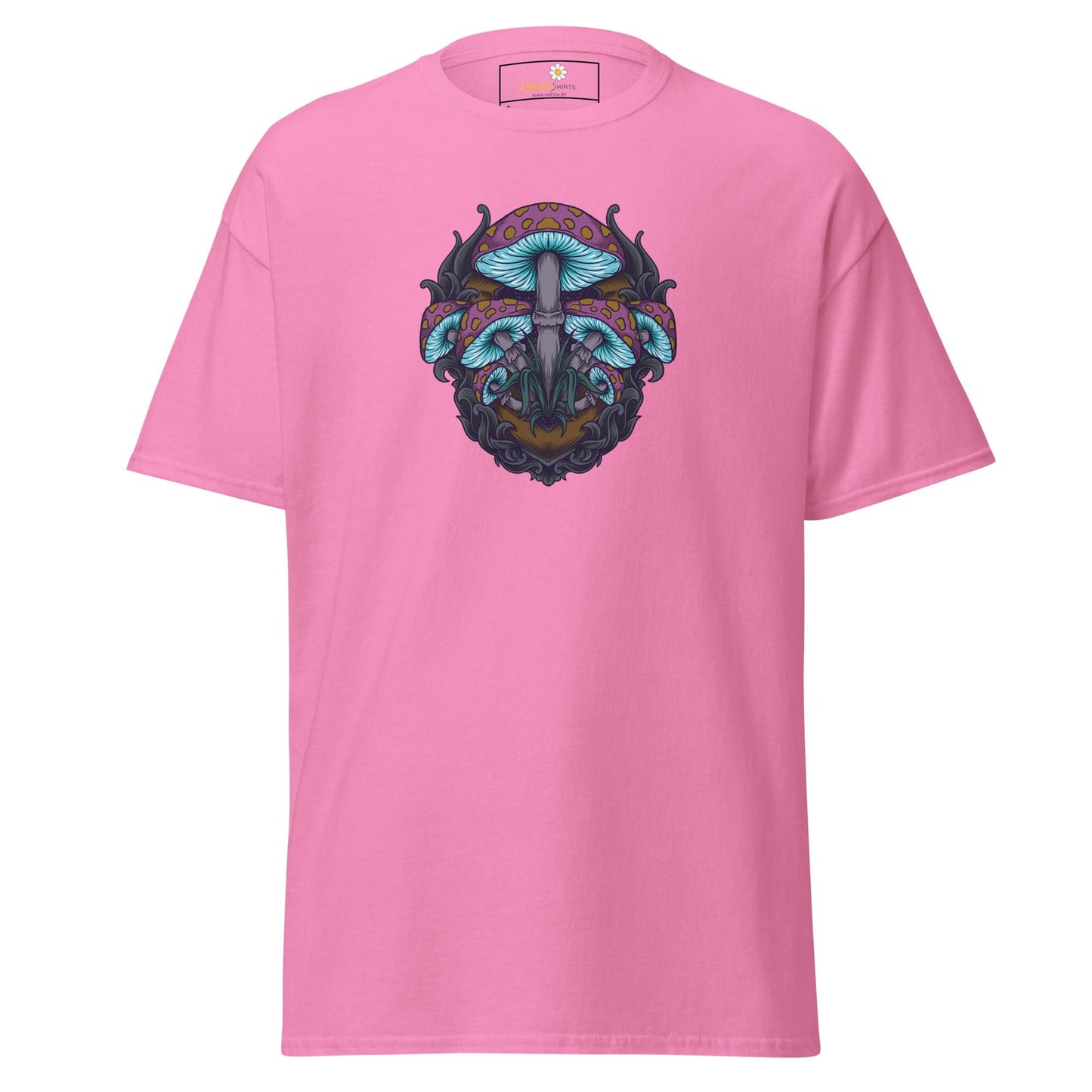 Pink T-shirt with mushroom design for men and women in sizes S to XL