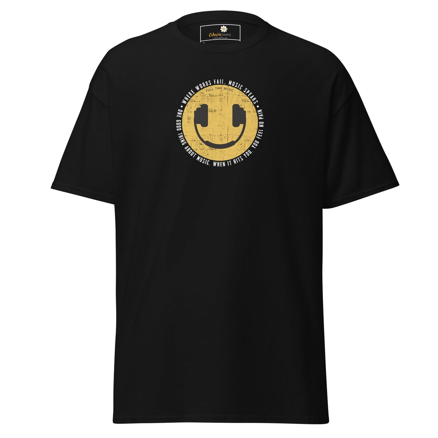 Black T-shirt with smiley face graphic in T-SHIRT DESIGN TEE for men and women sizing S to XL
