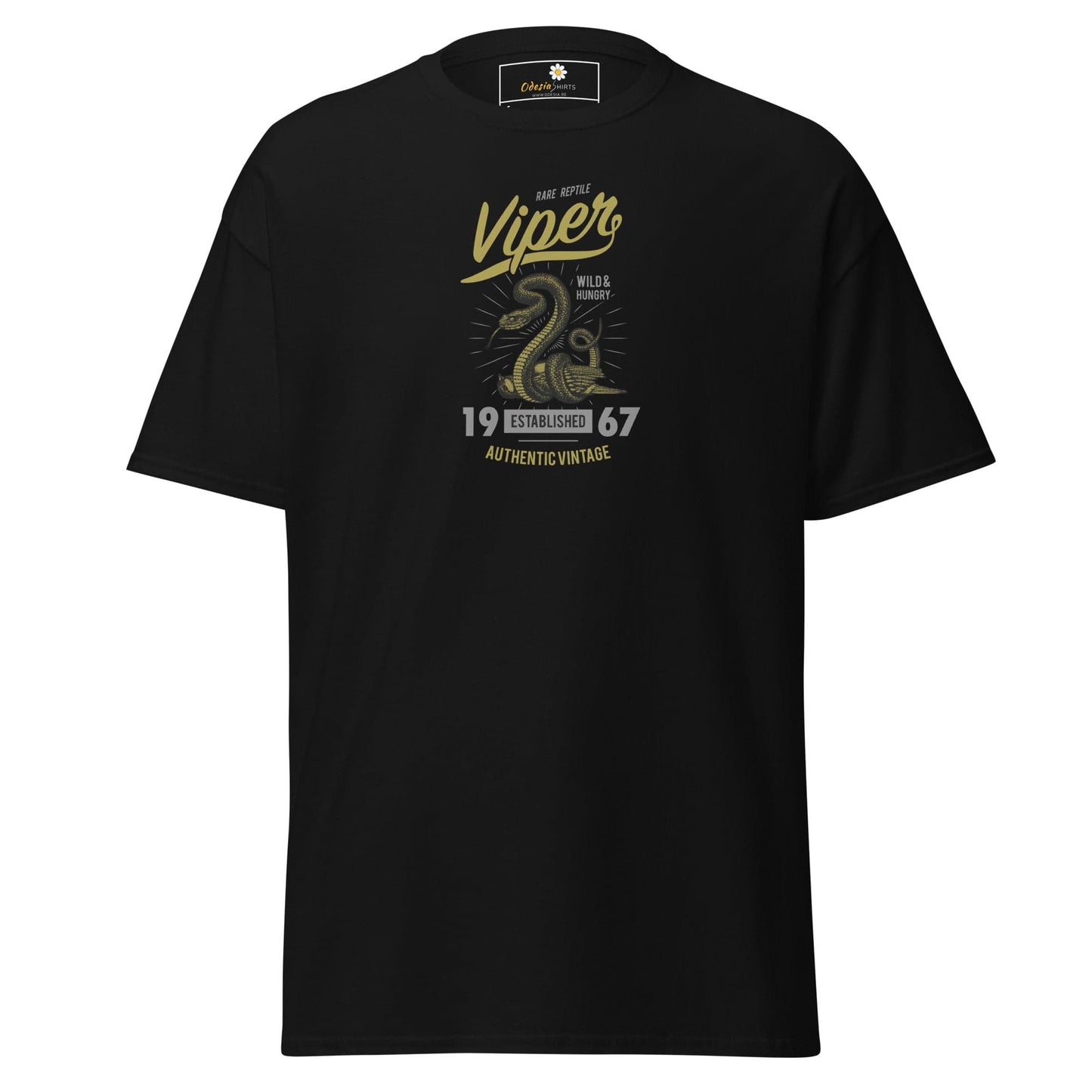 Black T-shirt with snake graphic for men and women, available in sizes S to XL