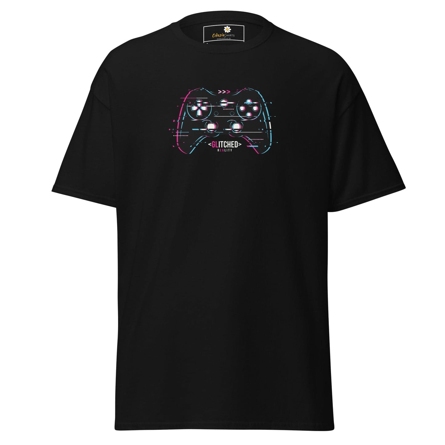 Black T-shirt featuring a glitchy controller design, ideal for both men and women