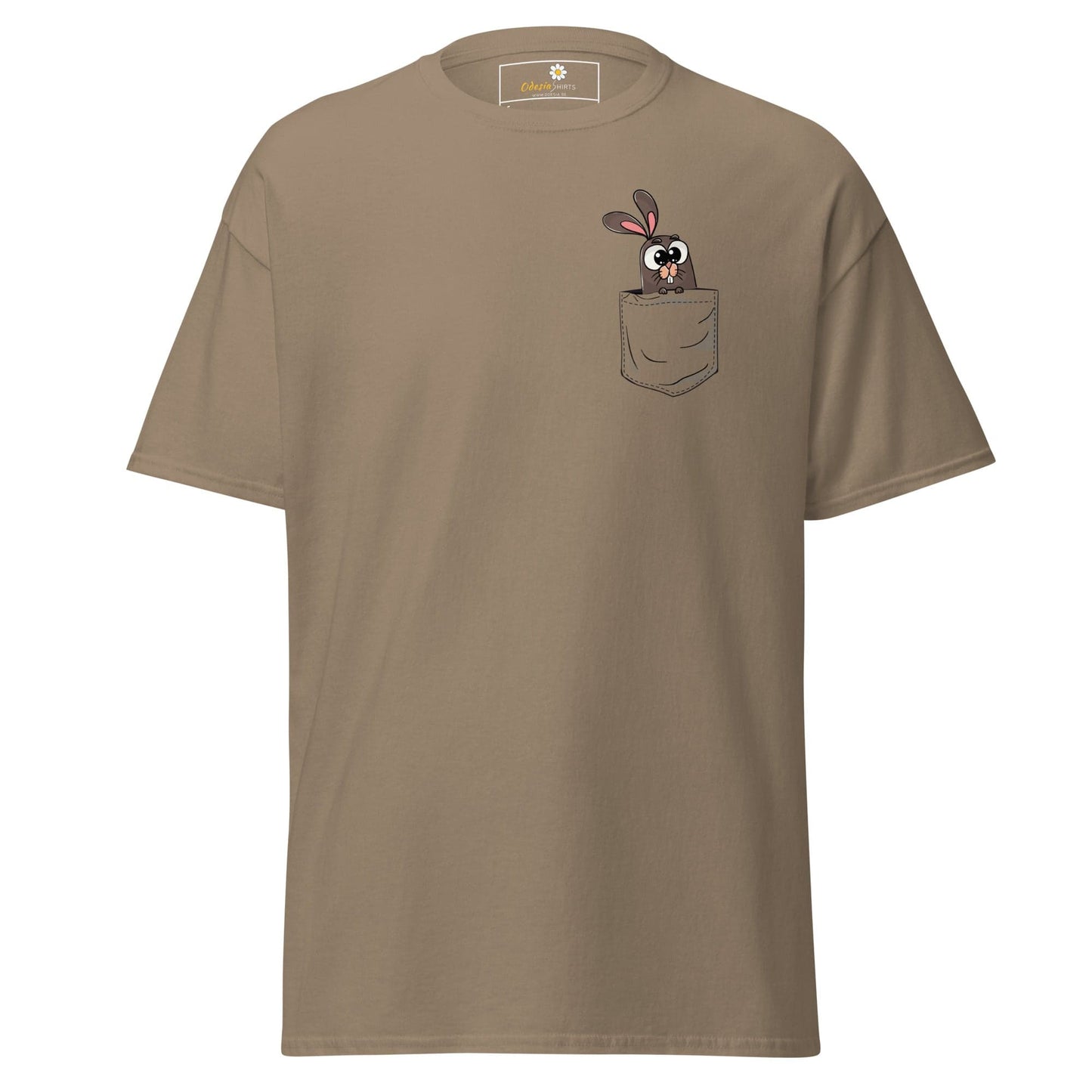 Khaki T-shirt with cartoon bunny in pocket, suitable for men and women, S to XL