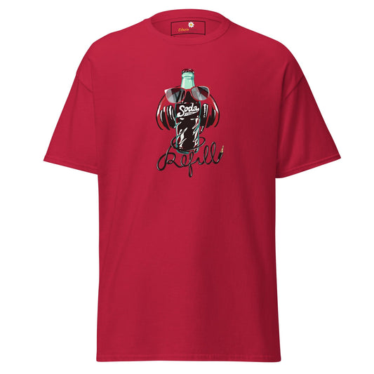 Red T-shirt with soda bottle graphic, available in S to XL for men and women