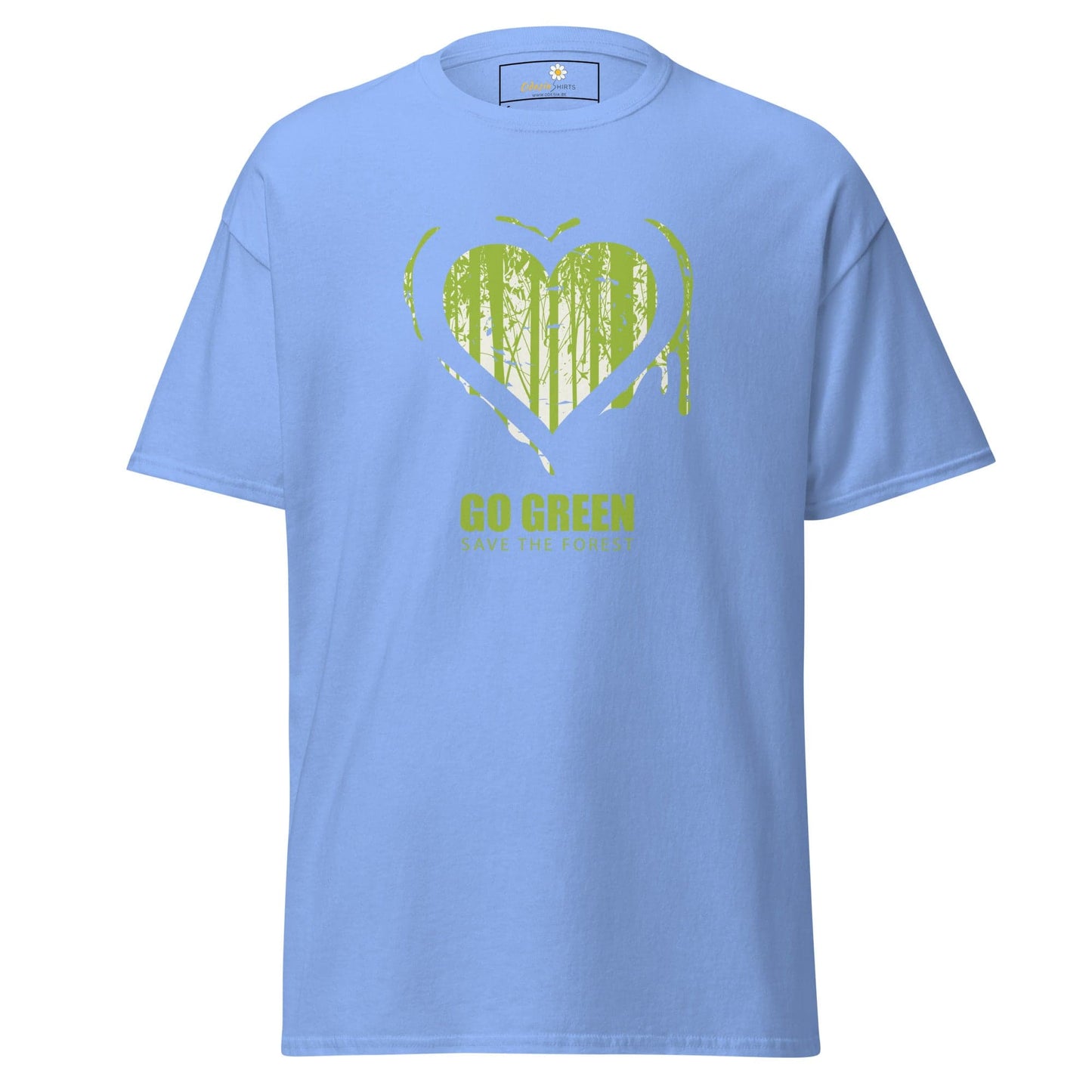 Light blue T-shirt for men and women featuring a green heart and tree design