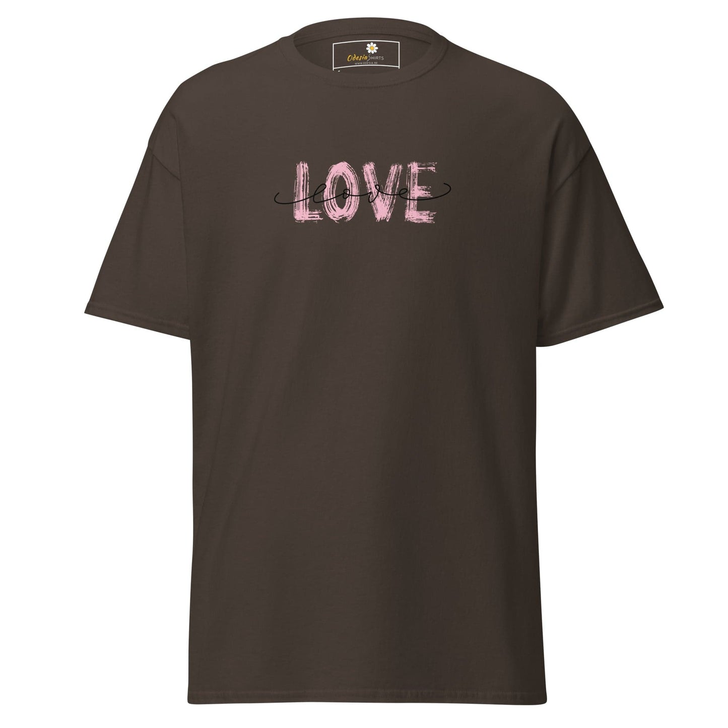 Brown T-shirt with pink LOVE graphic for Men and Women in sizes S to XL