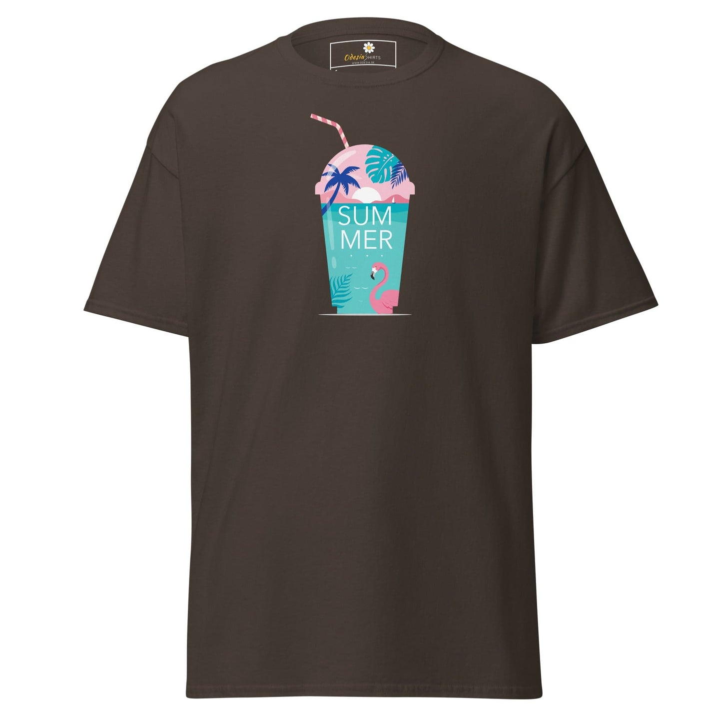 Brown T-shirt with summer drink graphic, unisex design in S to XL sizes