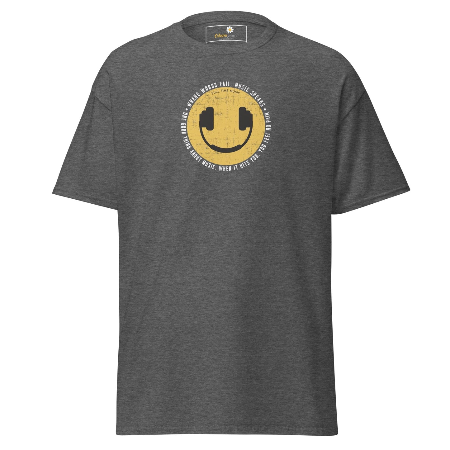 Gray T-shirt with a smiley face and headphones, suitable for Men and Women sizes S to XL
