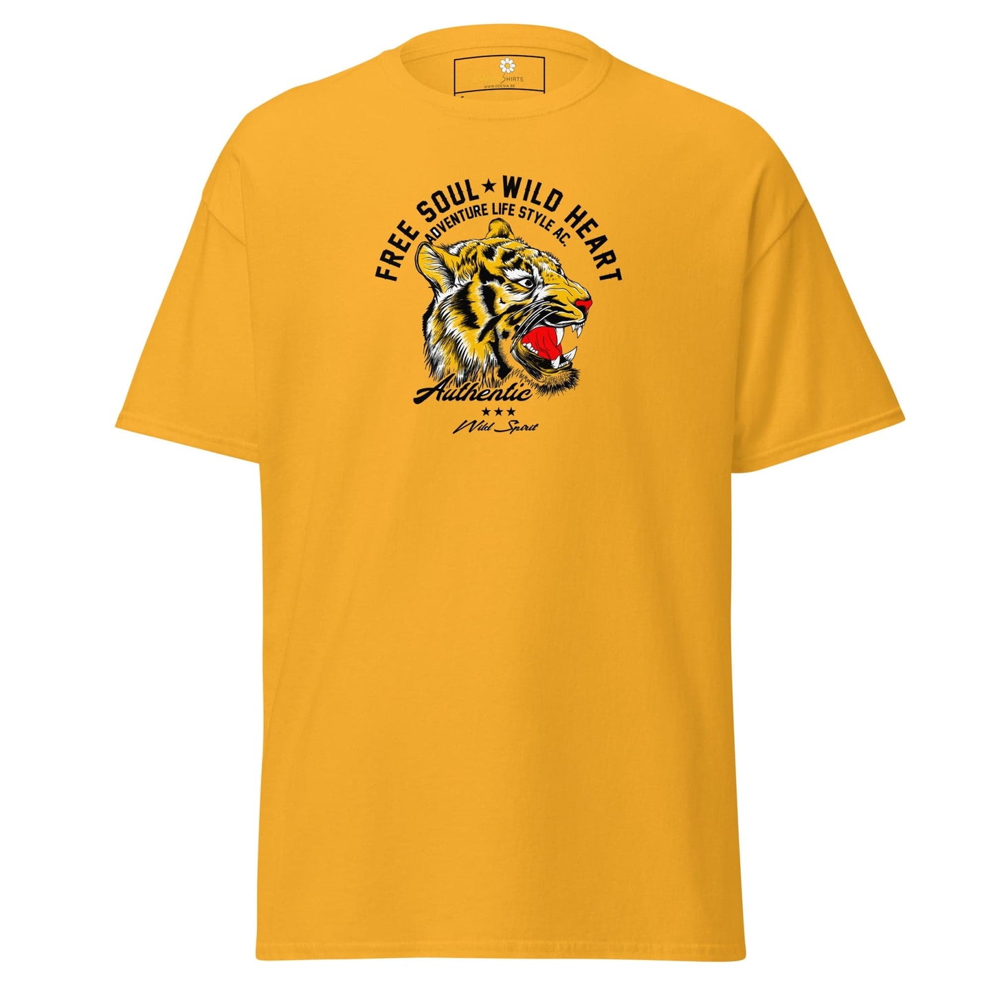 Yellow T-shirt with tiger graphic for men and women available in size S to XL
