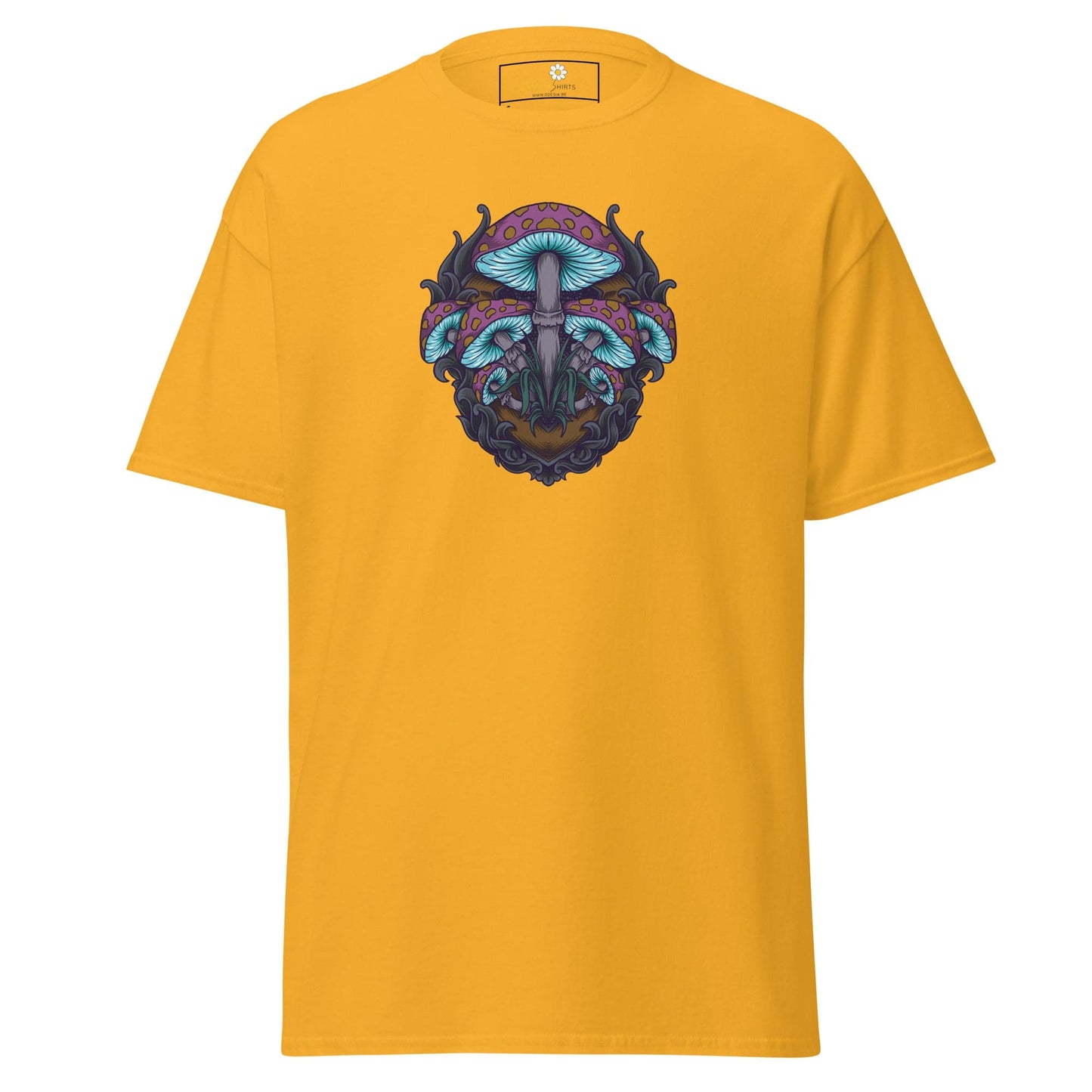 Yellow T-shirt with mushroom graphic from T-SHIRT DESIGN TEE for Men and Women