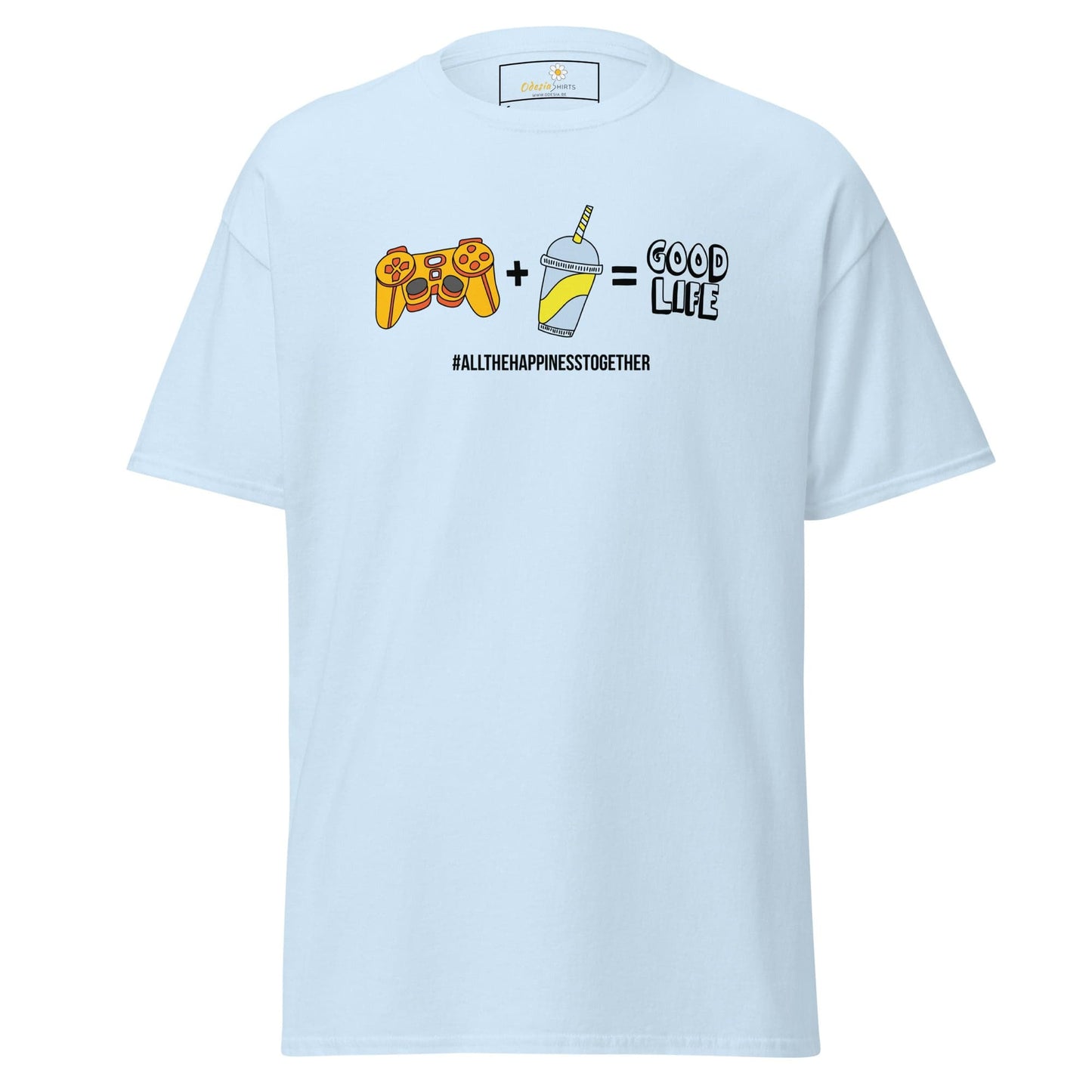 Light blue T-shirt with graphic design for men and women in sizes S to XL