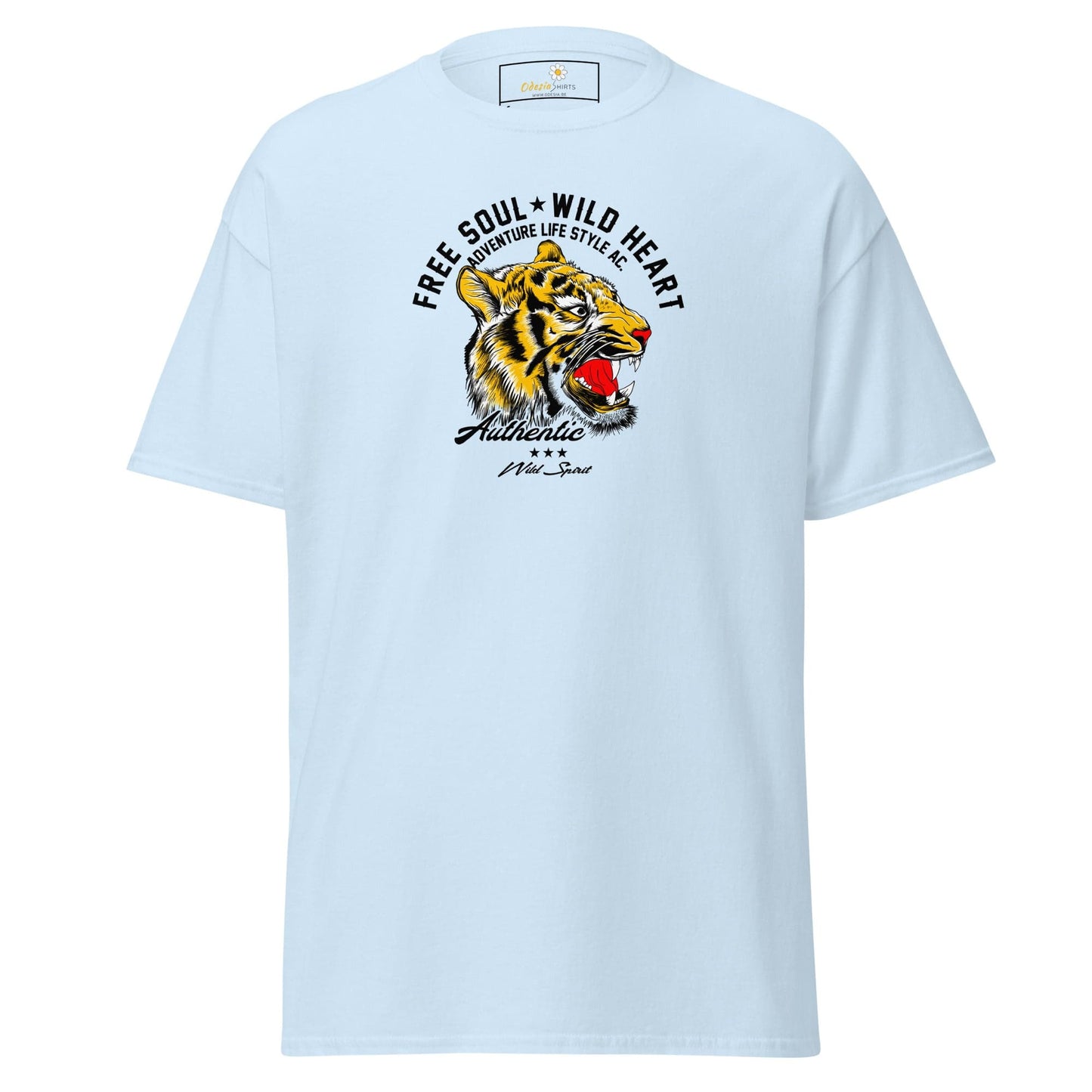 Light blue T-shirt with tiger graphic for men and women in size S to XL