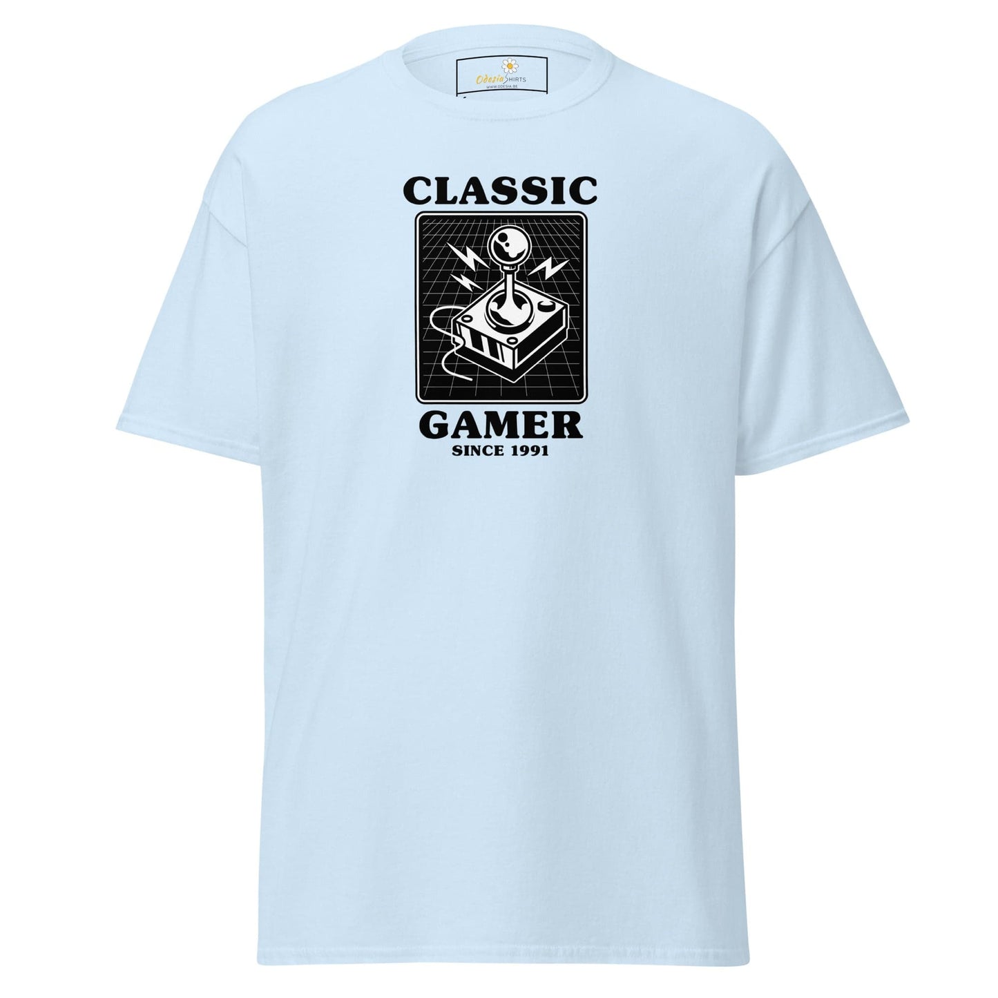 Light blue T-shirt with Classic Gamer Since 1991 design for men and women in S to XL sizes