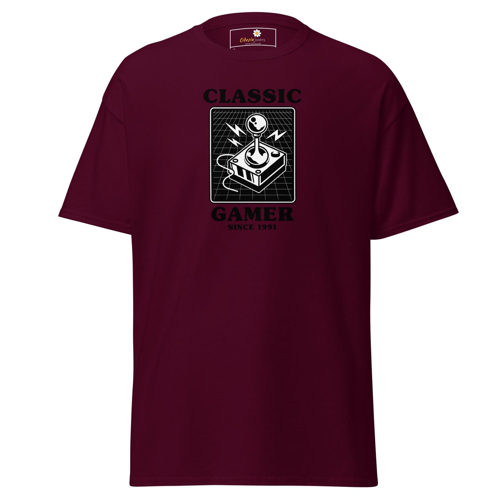 Maroon T-shirt featuring a retro gaming design for men and women available in sizes S to XL