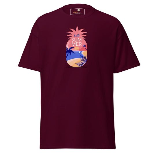 Maroon T-shirt with pineapple graphic for men and women, available in sizes S to XL