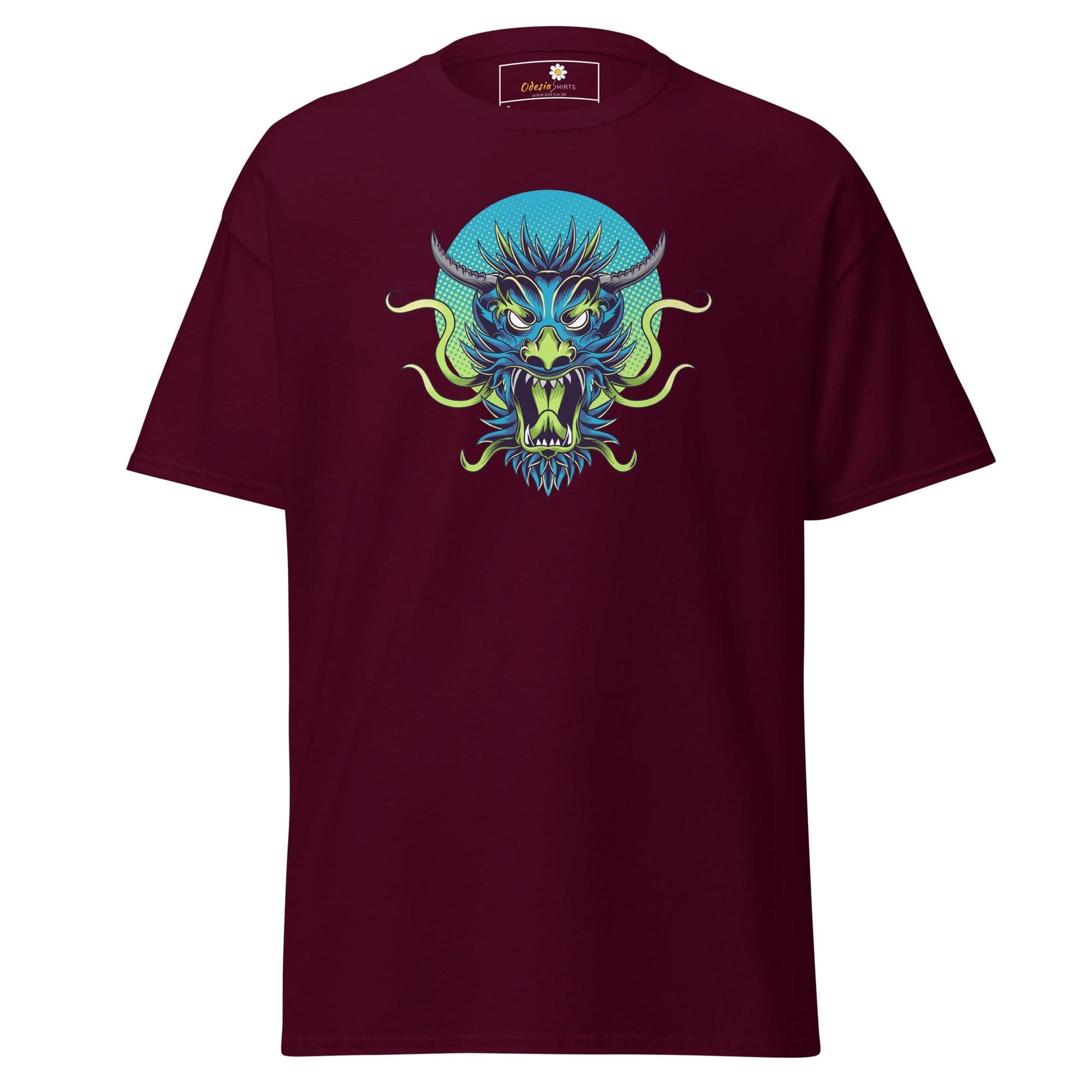Maroon T-shirt with dragon graphic for men and women available in sizes S to XL
