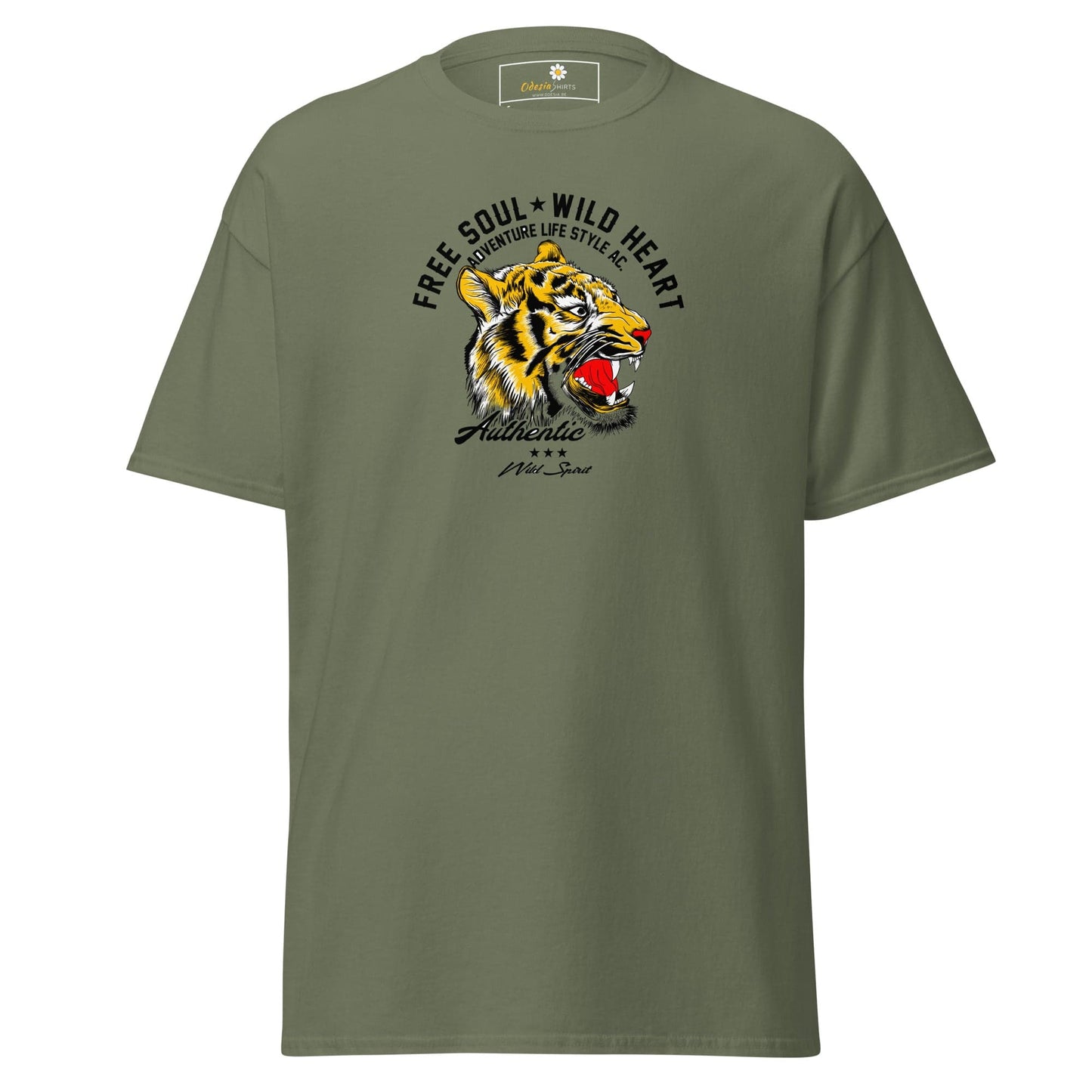 Olive green t-shirt featuring a tiger graphic for men and women size S to XL