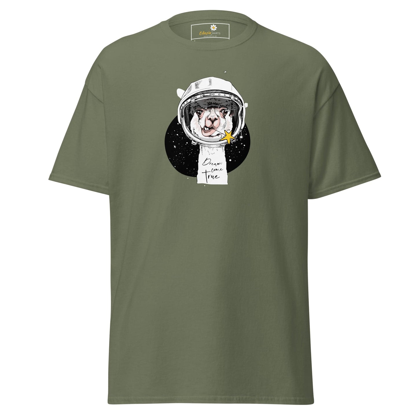 Olive green T-shirt with astronaut llama graphic from T-SHIRT DESIGN TEE MAN WOMAN S-XL