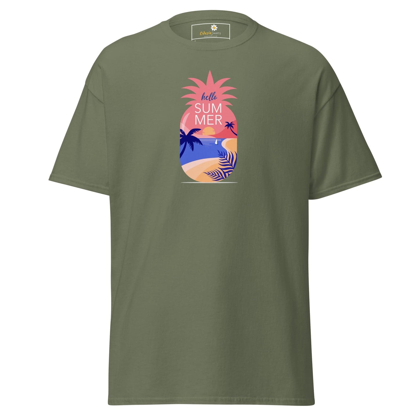 Olive green T-shirt with pineapple summer design for men and women in sizes S to XL