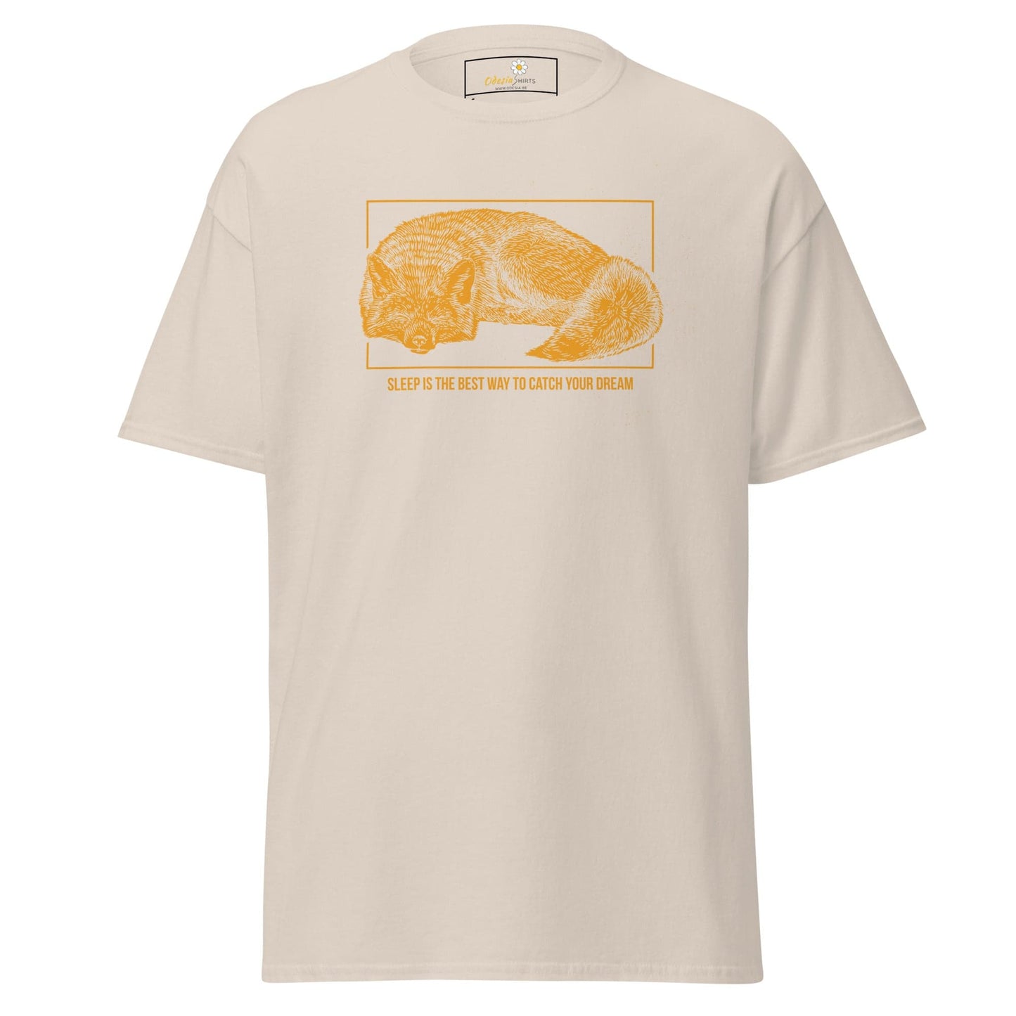 Beige T-shirt with orange croissant graphic displayed in T-SHIRT DESIGN TEE for Men and Women