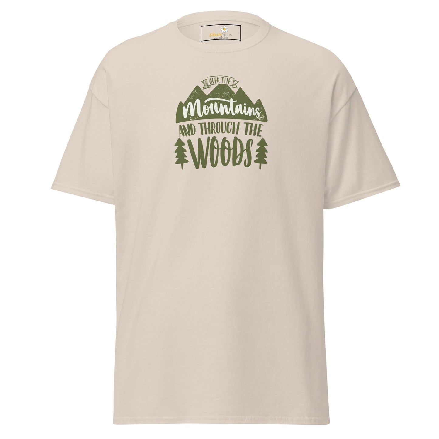 Beige T-shirt with mountain and woods graphic for men and women size S to XL