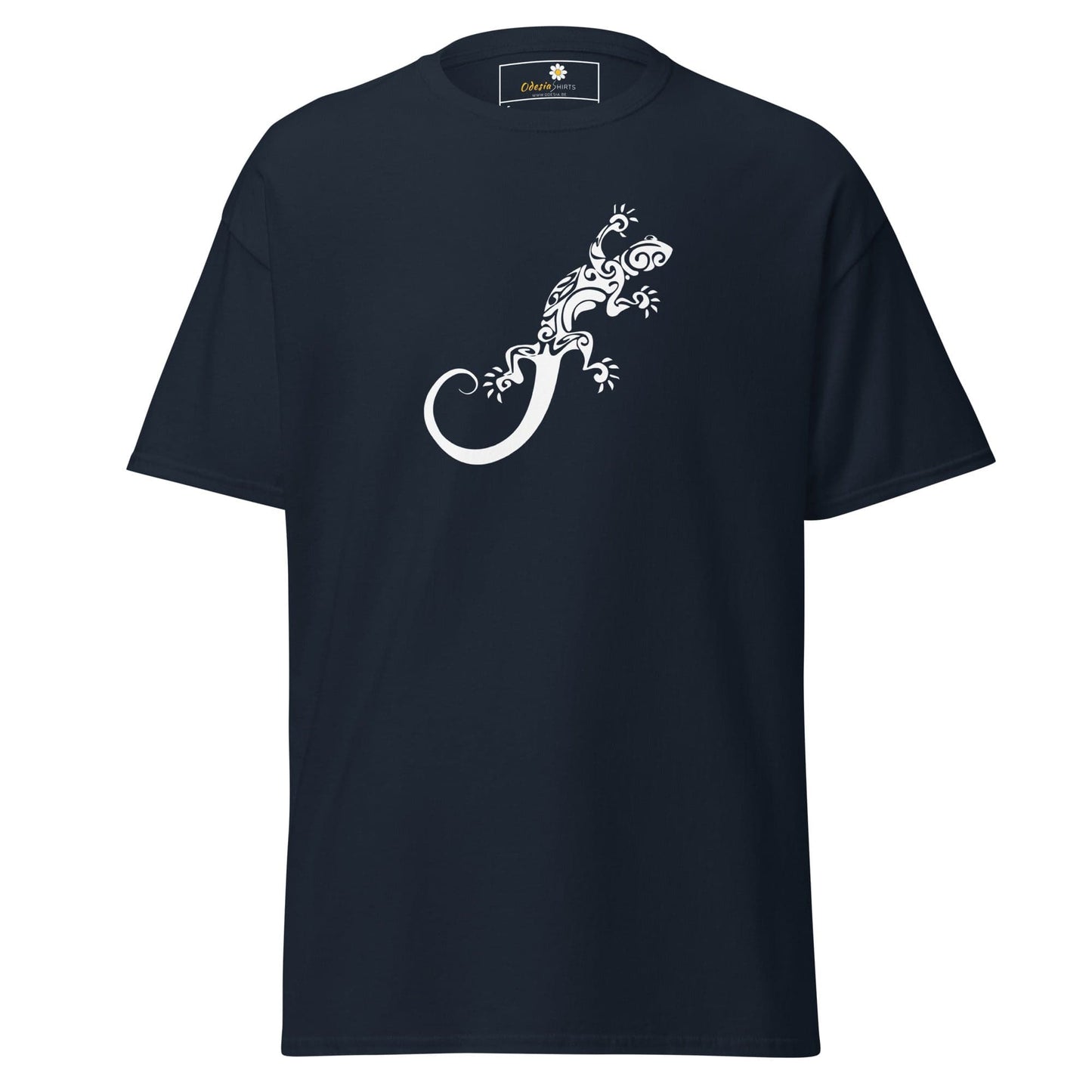 Navy T-shirt for men and women with white lizard design, available in sizes S to XL