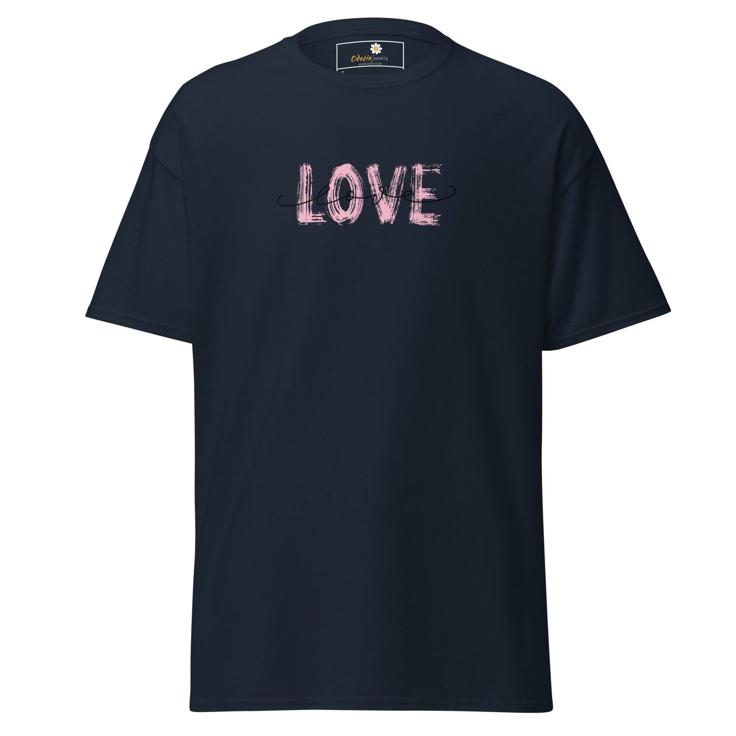 Navy T-shirt with pink LOVE graphic for men and women, available in sizes S to XL