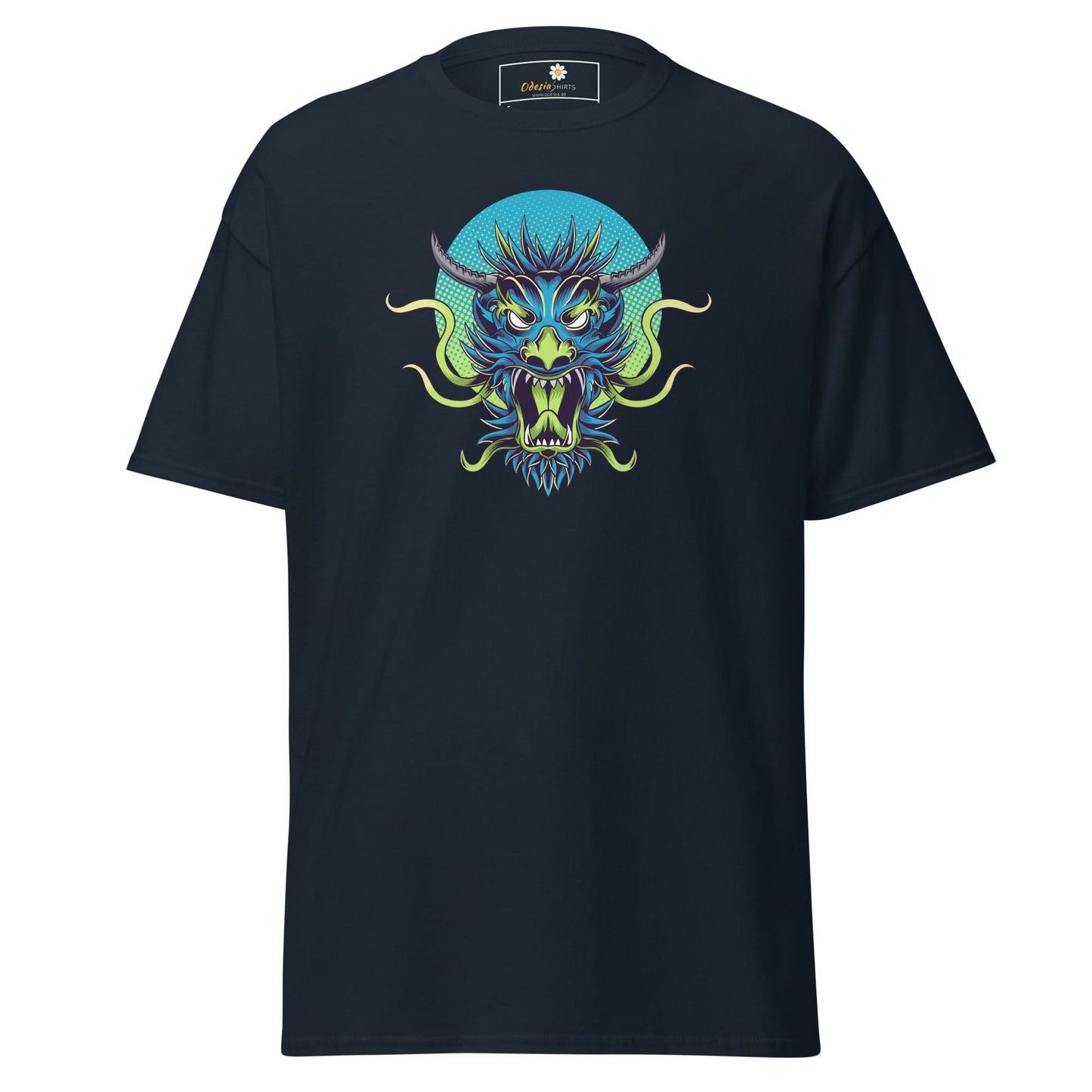 Navy blue T-shirt with dragon graphic for men and women in size S to XL