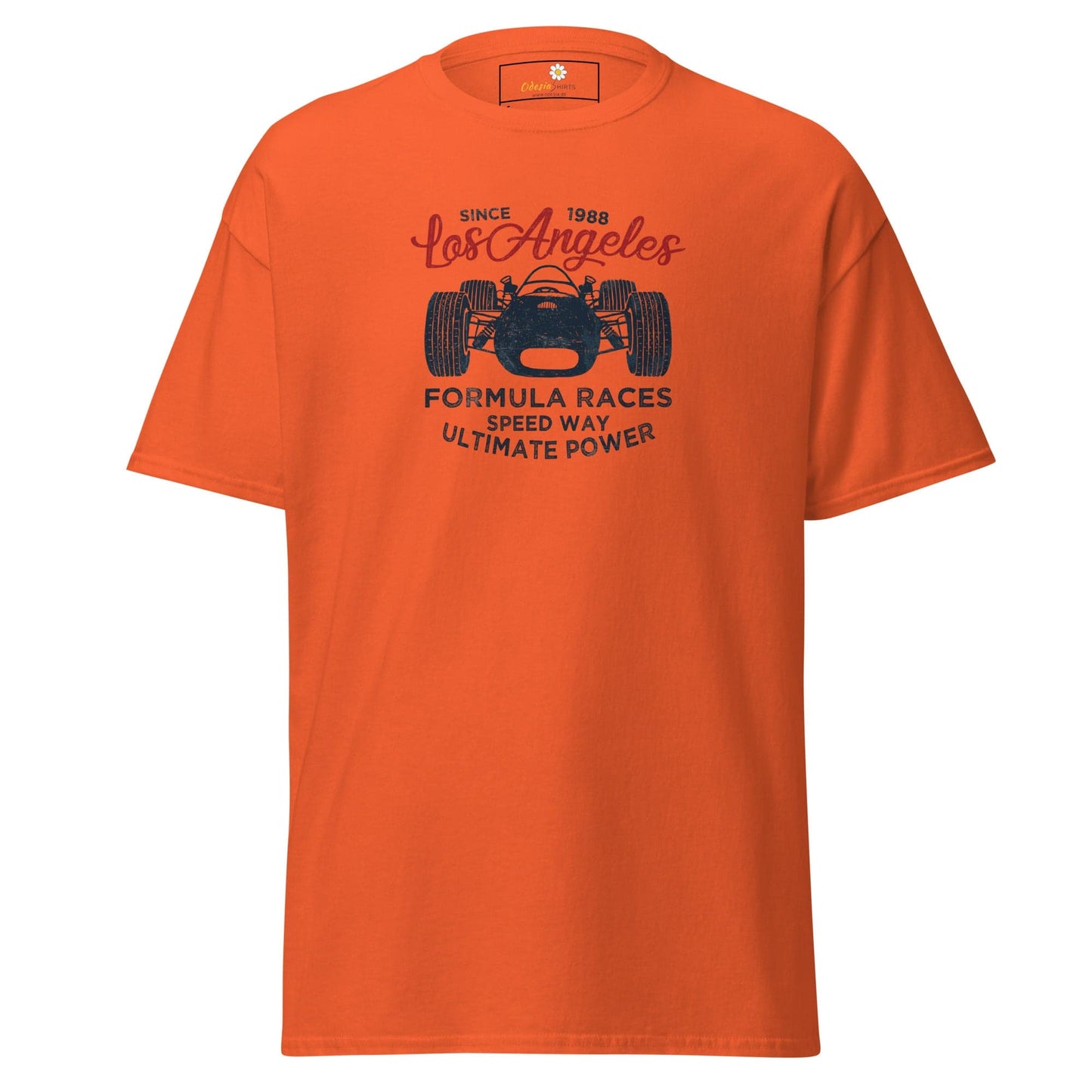 Orange T-shirt with race car graphic for men and women, available in sizes S to XL