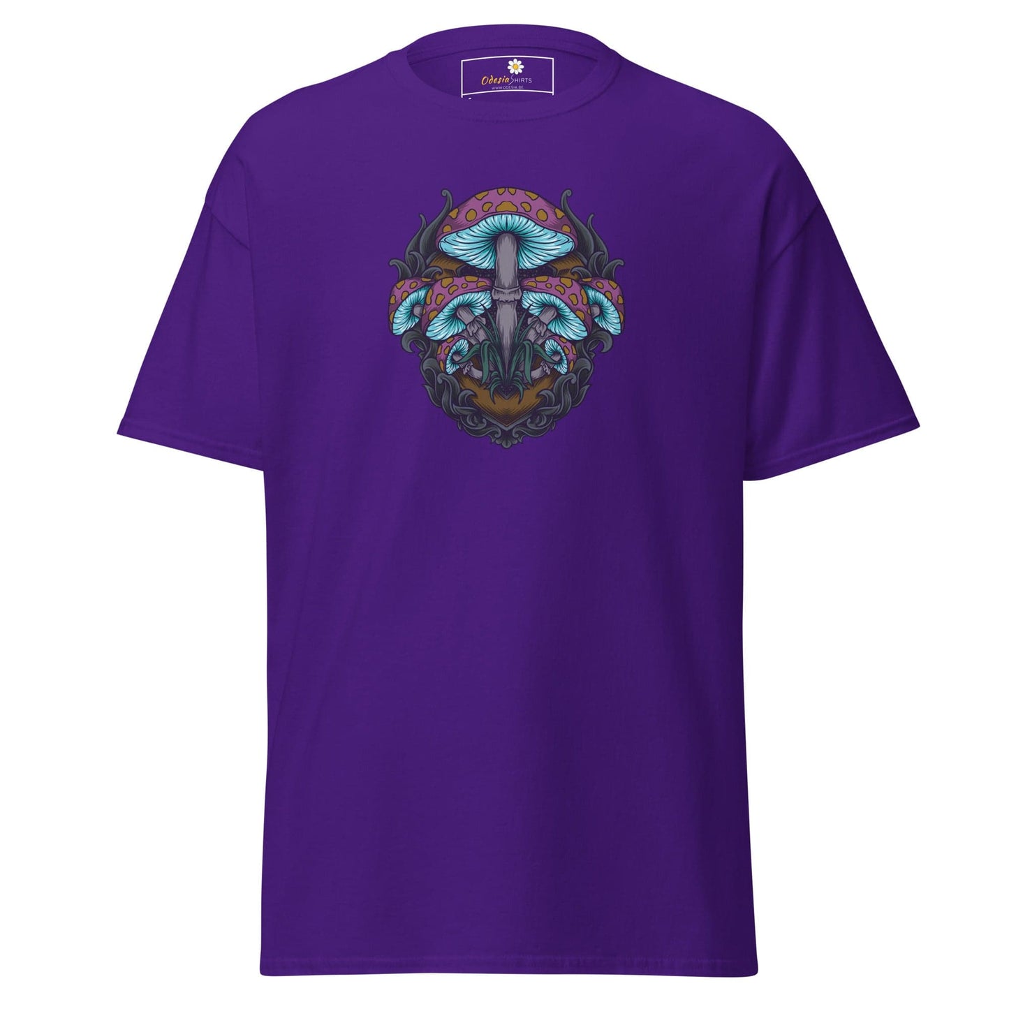 Purple T-shirt featuring a mushroom design for men and women in various sizes