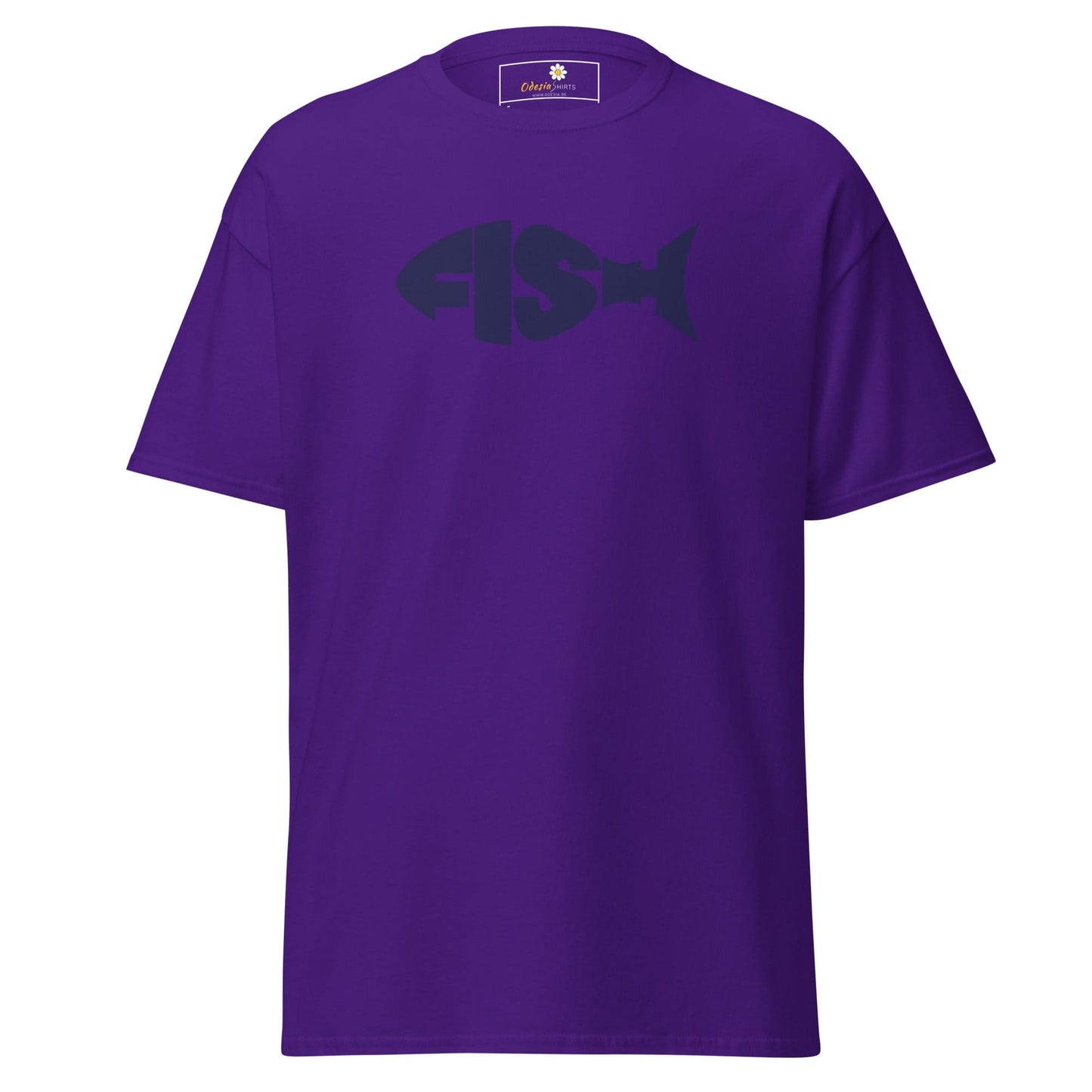 Purple T-shirt with fish design for men and women available in size S to XL