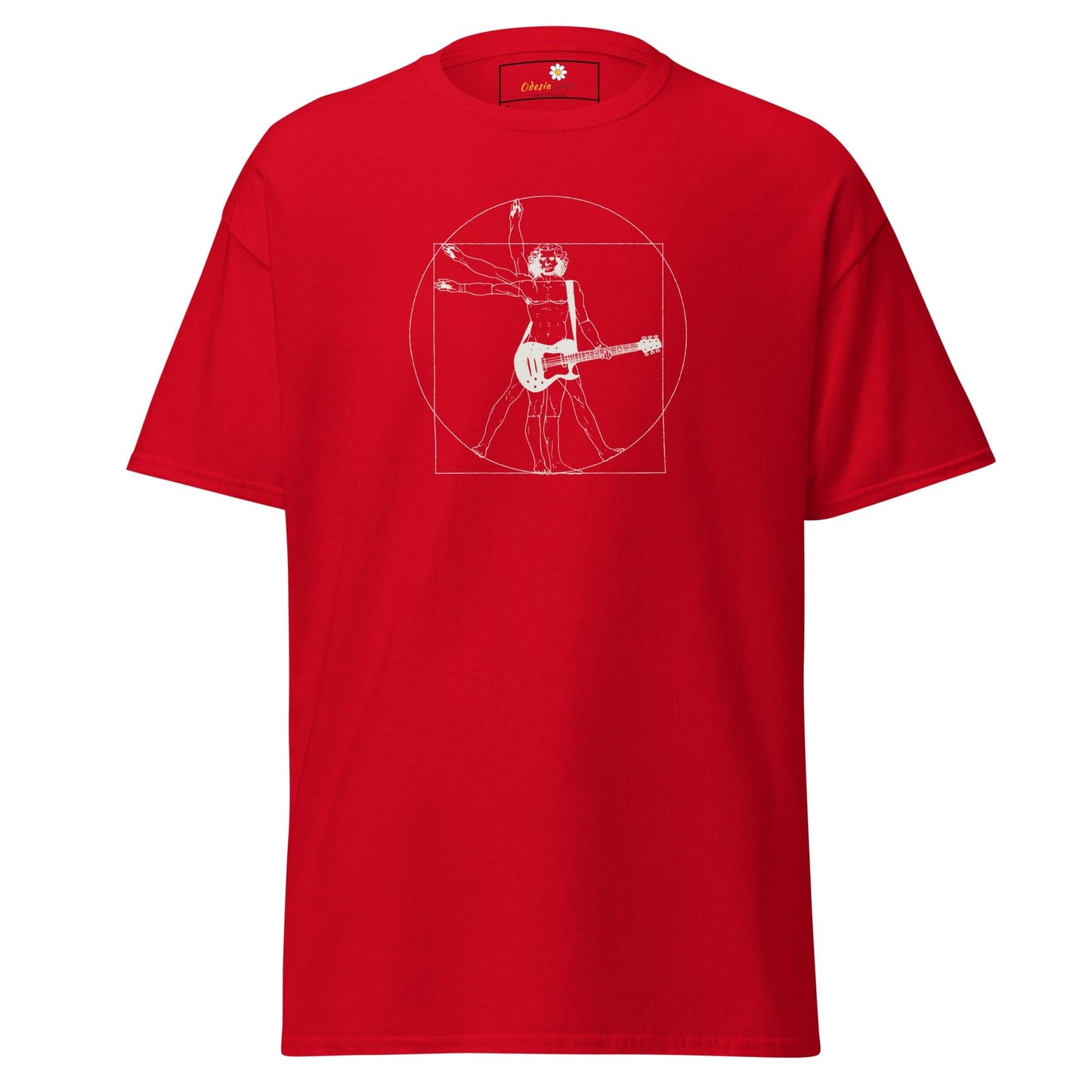 Red T-shirt with Vitruvian Man playing guitar displayed in T-SHIRT DESIGN TEE product