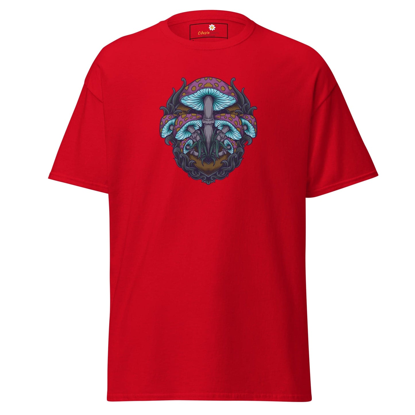 Red T-shirt with mushroom graphic from T-SHIRT DESIGN TEE for Men and Women S-XL