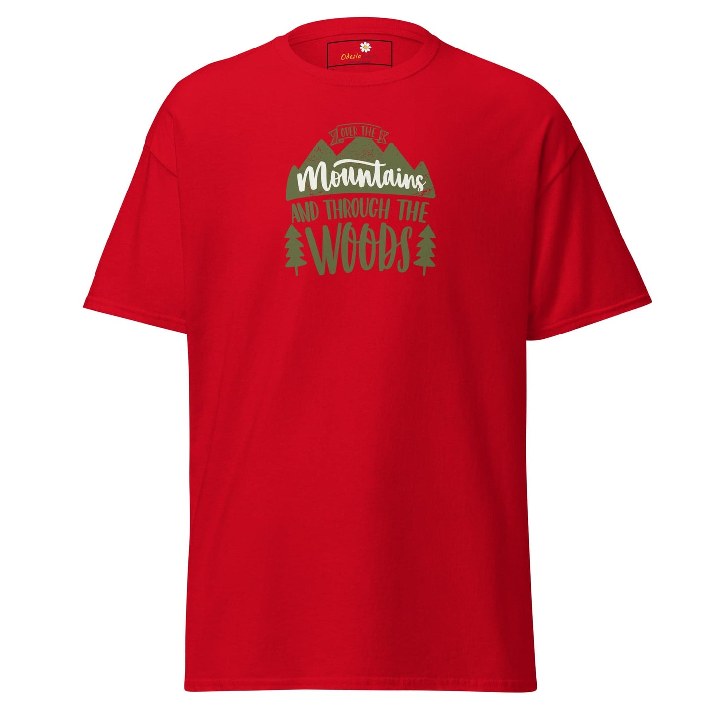 Red T-shirt with mountain and woods graphic, suitable for men and women, sizes S to XL