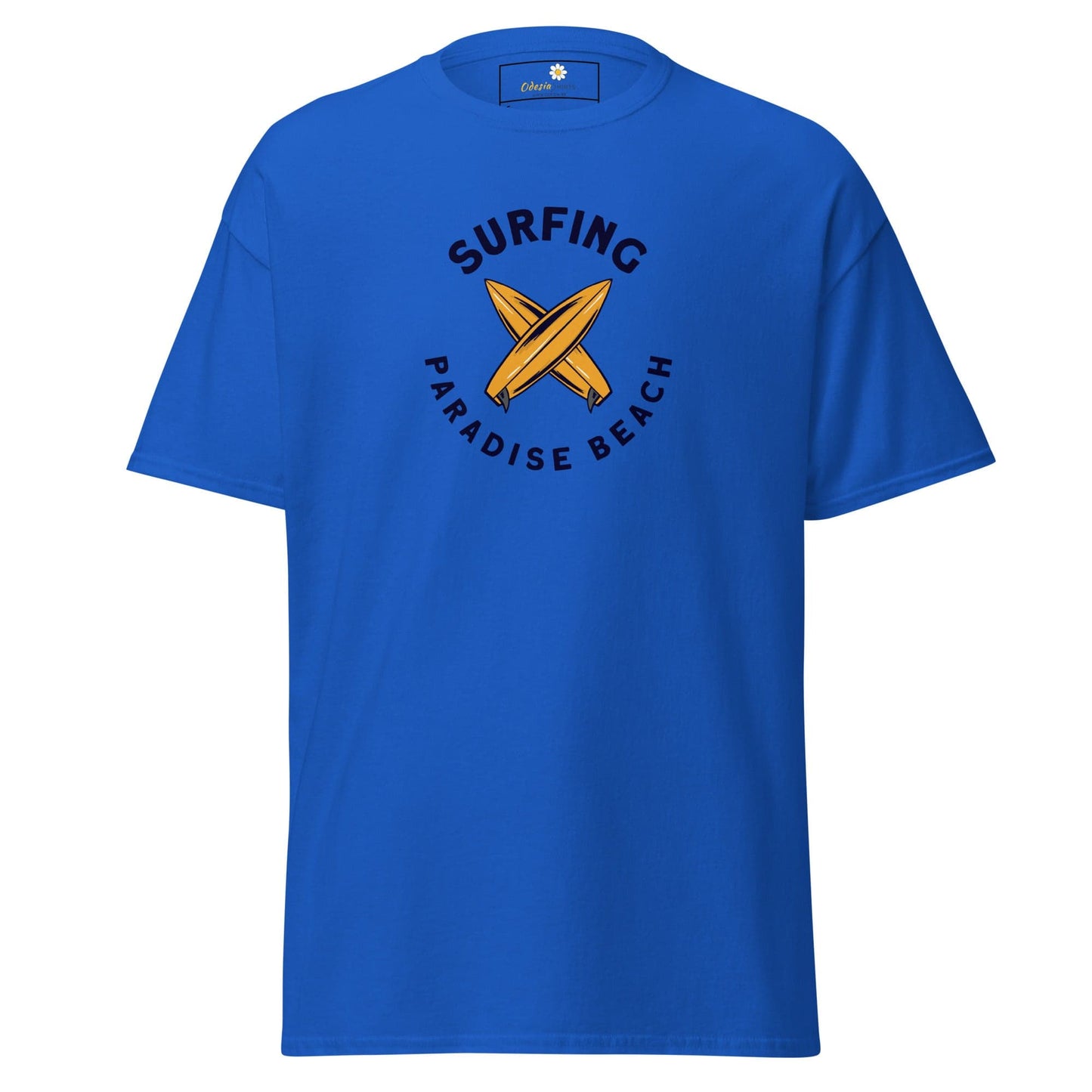 Blue T-shirt with surfboards graphic for men and women in size S to XL