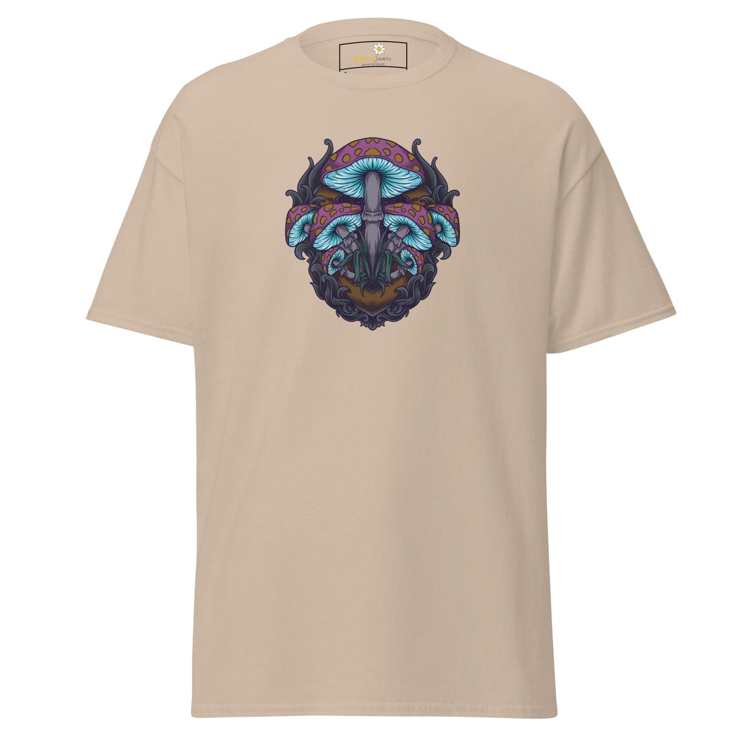 Beige T-shirt featuring a mushroom design from T-SHIRT DESIGN TEE for Men and Women