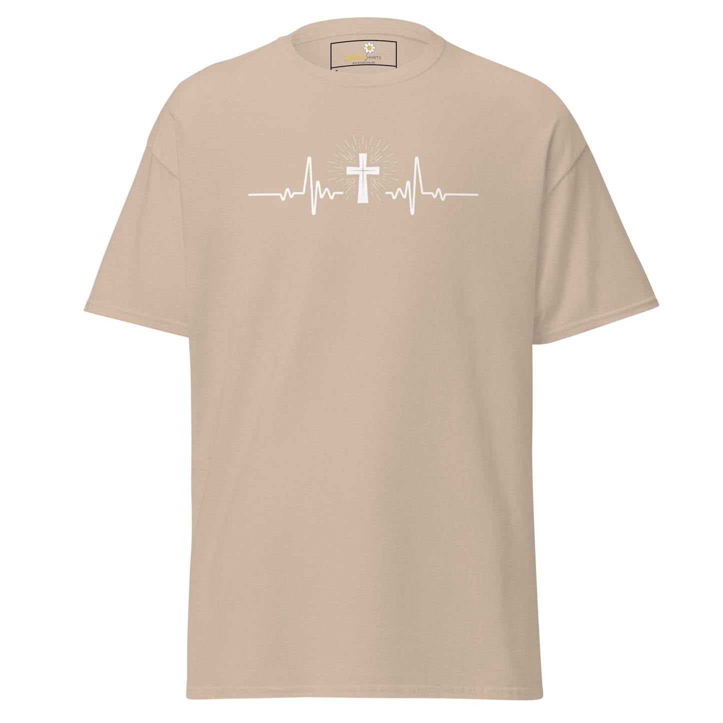 Beige T-shirt with cross heartbeat design, suitable for men and women, available in sizes S to XL
