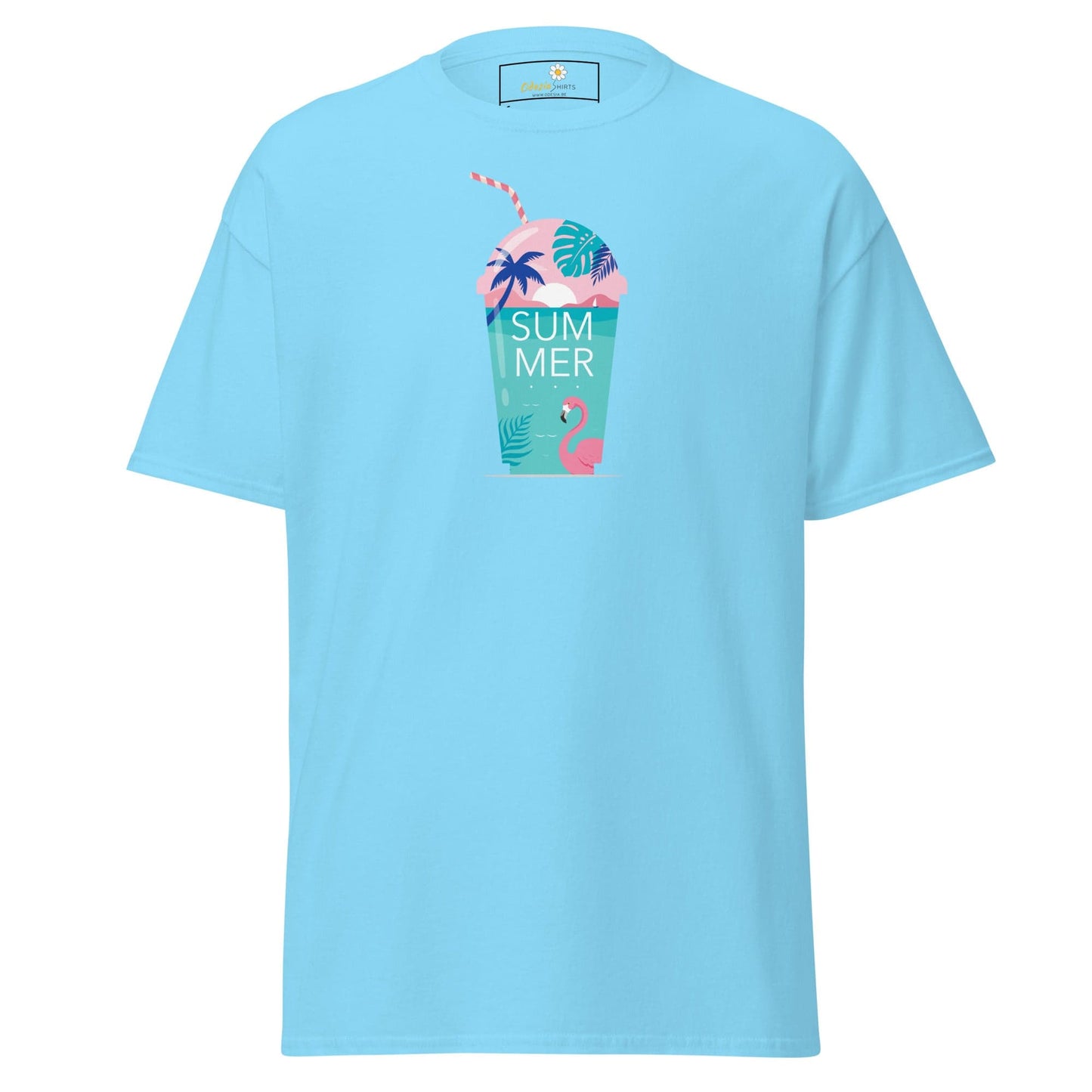 Light blue T-shirt with summer drink graphic for men and women, available in sizes S to XL