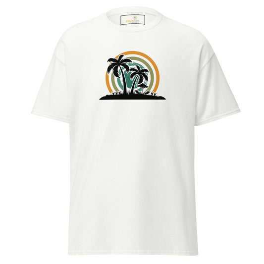 White T-shirt with palm tree graphic, unisex design for Men and Women sizes S to XL