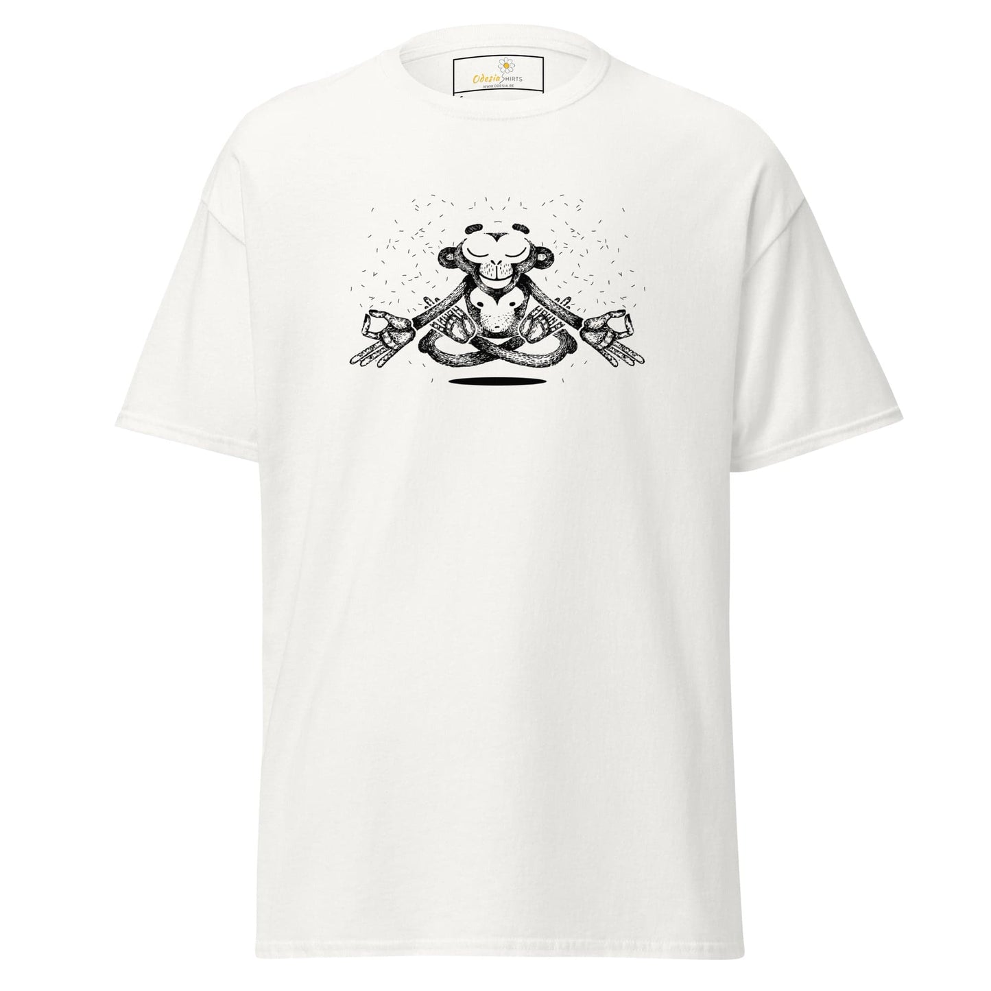 White T-shirt featuring a meditating monkey graphic for men and women in sizes S to XL