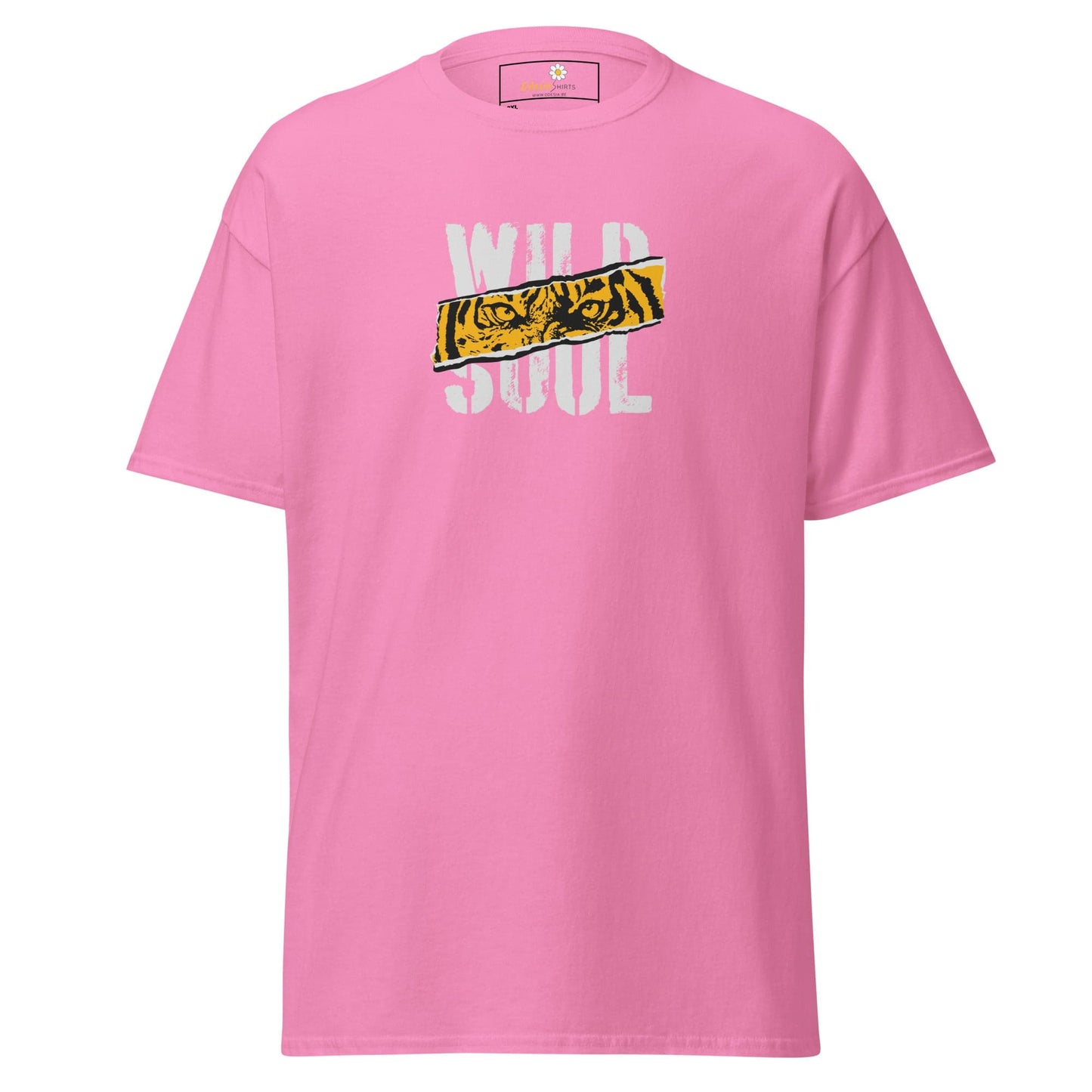 Pink t-shirt with tiger graphic.