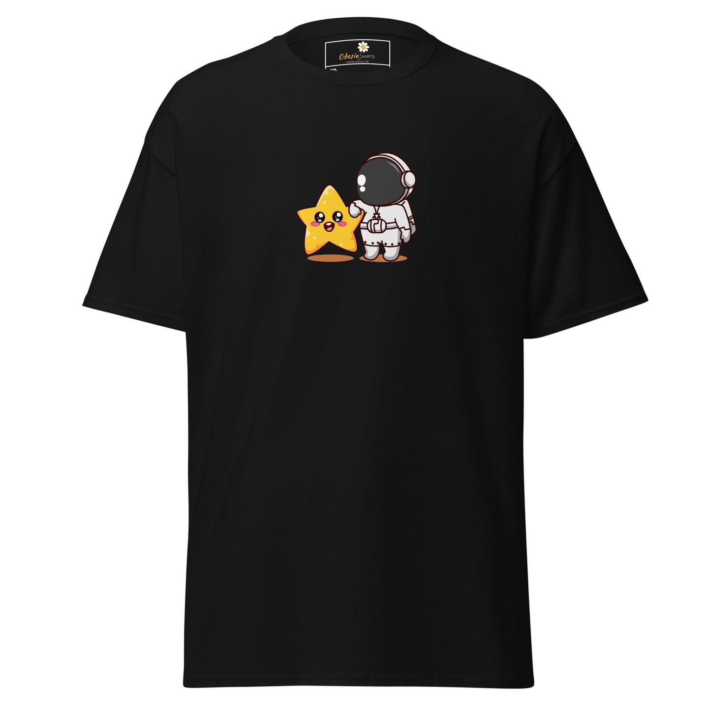 Black t-shirt with cartoon astronaut and star.