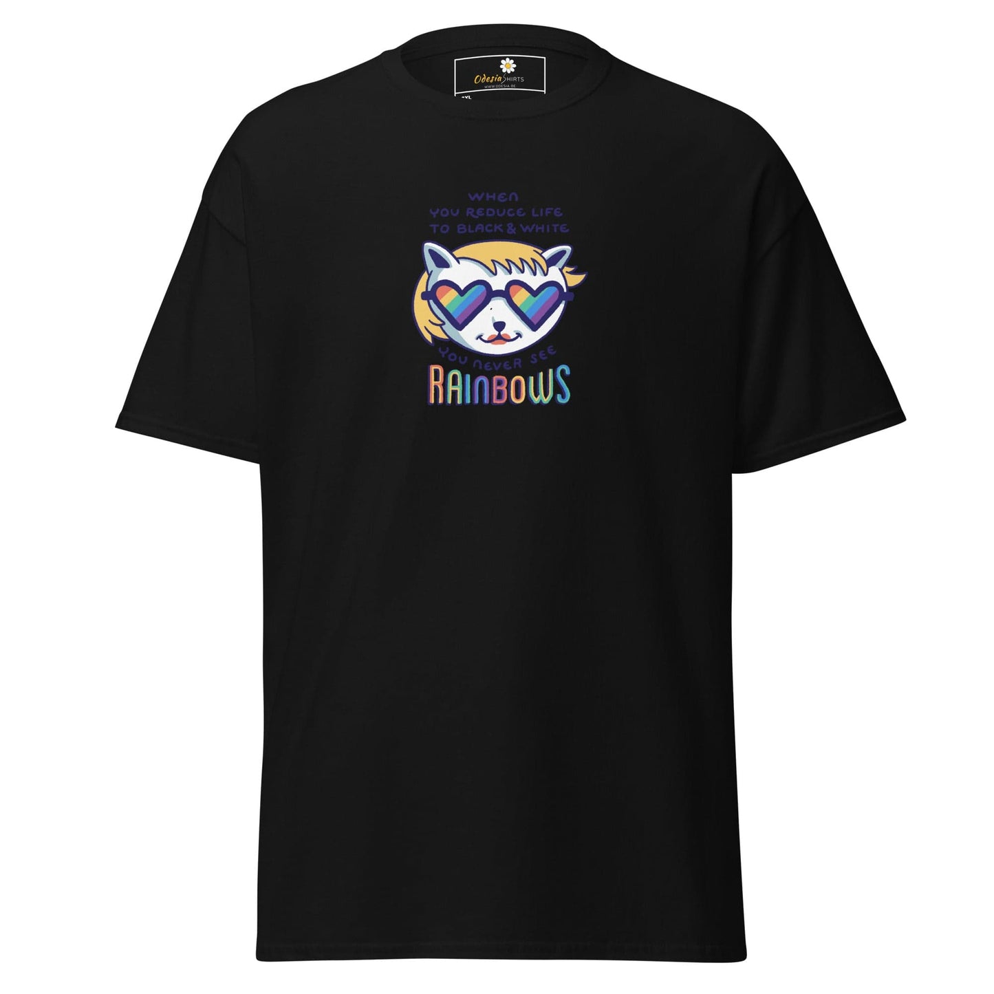 Black T-shirt with cartoon cat graphic for men and women in sizes 2XL to 5XL