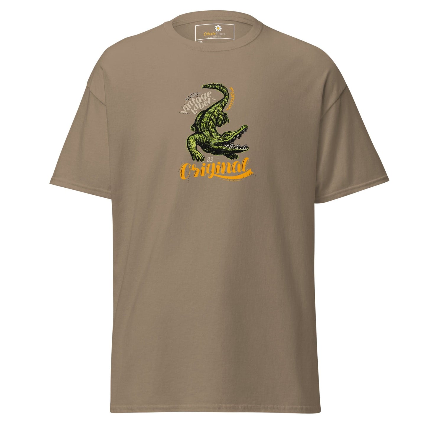 Khaki t-shirt with crocodile graphic.