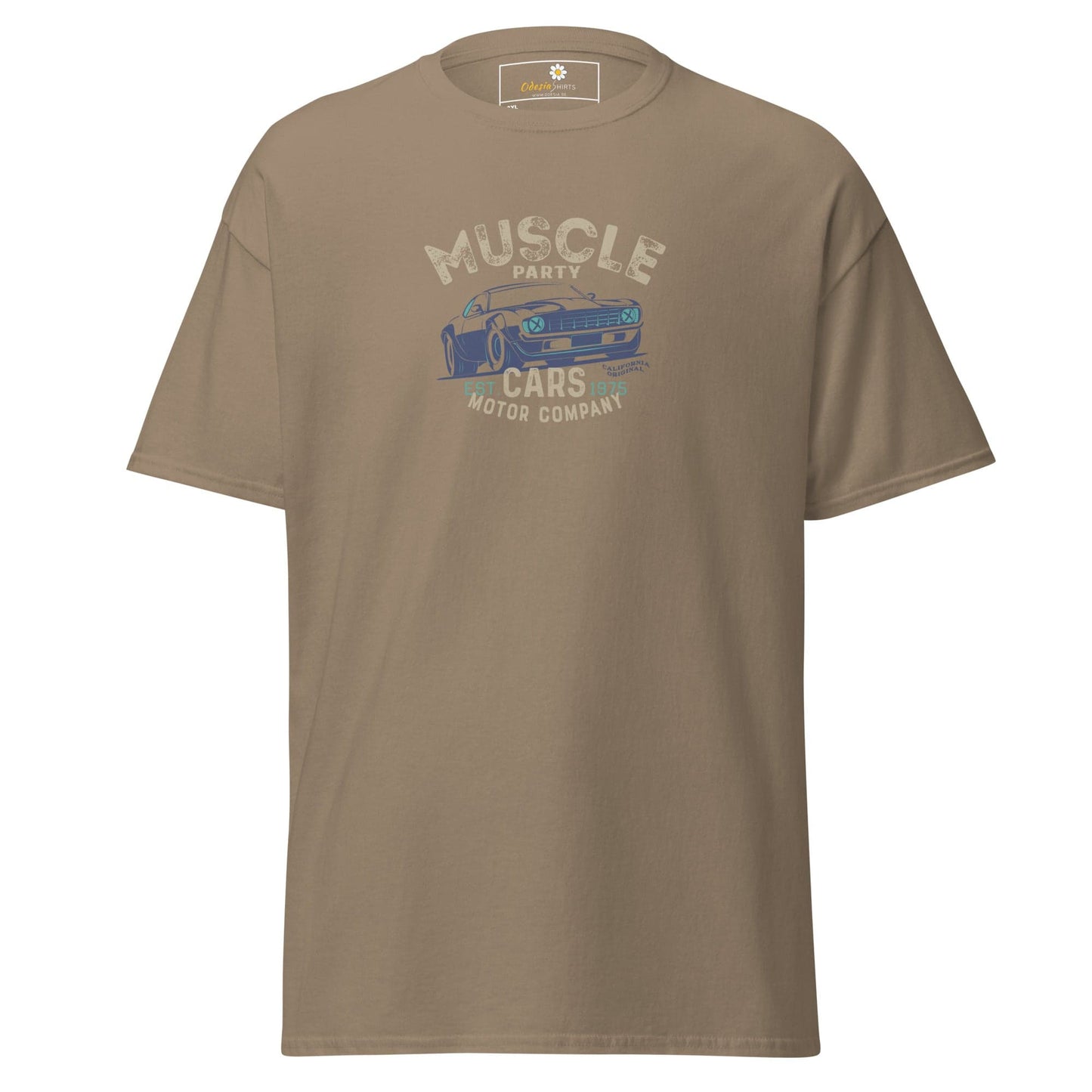 Khaki t-shirt with car graphic.