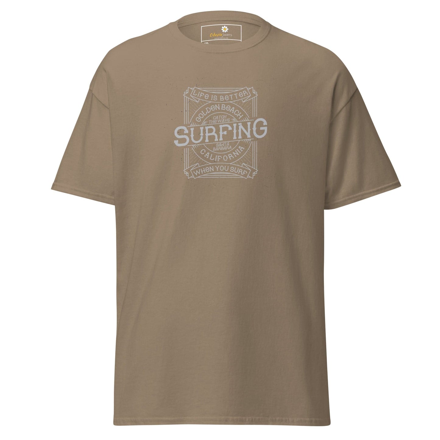 Khaki T-shirt with surfing graphic from T-SHIRT DESIGN TEE for Men and Women in 2XL to 5XL