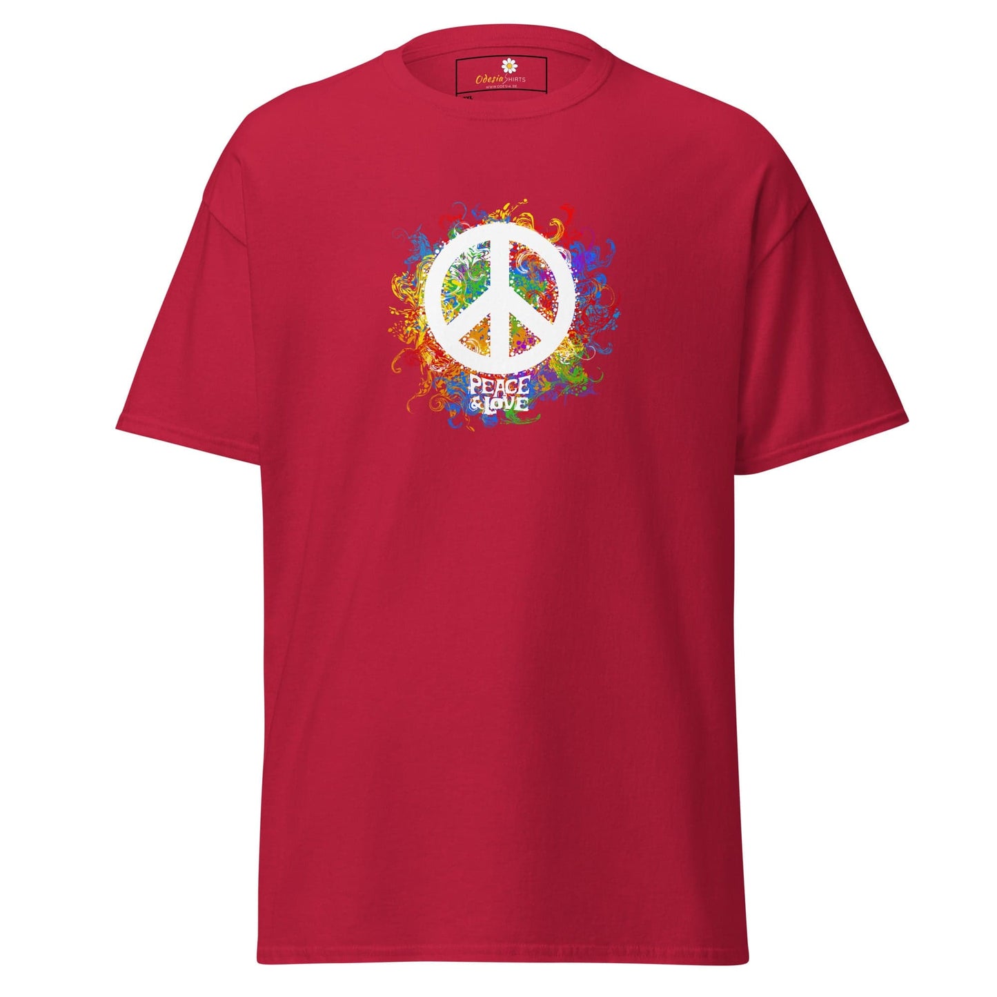 Red T-shirt with peace symbol, available in men’s and women’s sizes 2XL to 5XL